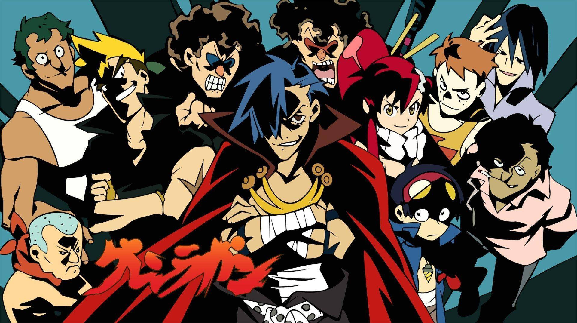 Gurren Lagann 桌布 壁紙 — 一個充滿活力的動漫群體，包含多樣角色，表情大膽，色彩鮮豔，一起擺姿勢。