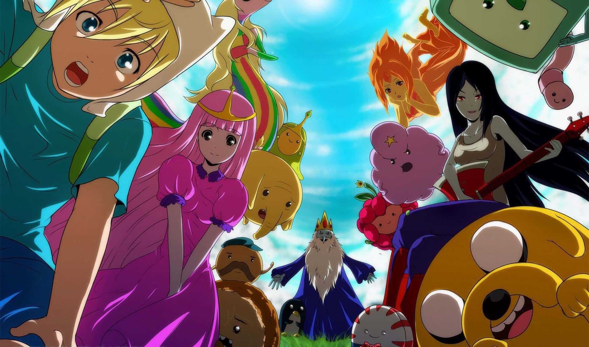 Animated Tv Series 桌布 壁紙 — 一個充滿活力的動漫群體，包含多樣化的角色，擁有豐富表情和色彩繽紛的服裝，在明亮的藍天下聚集在戶外。