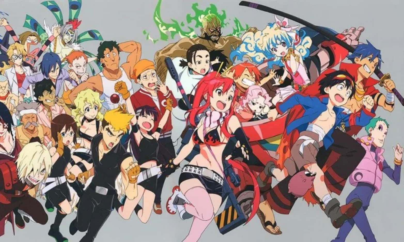 Gurren Lagann 桌布 壁紙 — 一個充滿活力的動漫群體，包含多樣角色，以動態姿勢展現，穿著色彩繽紛的服裝，表情豐富。