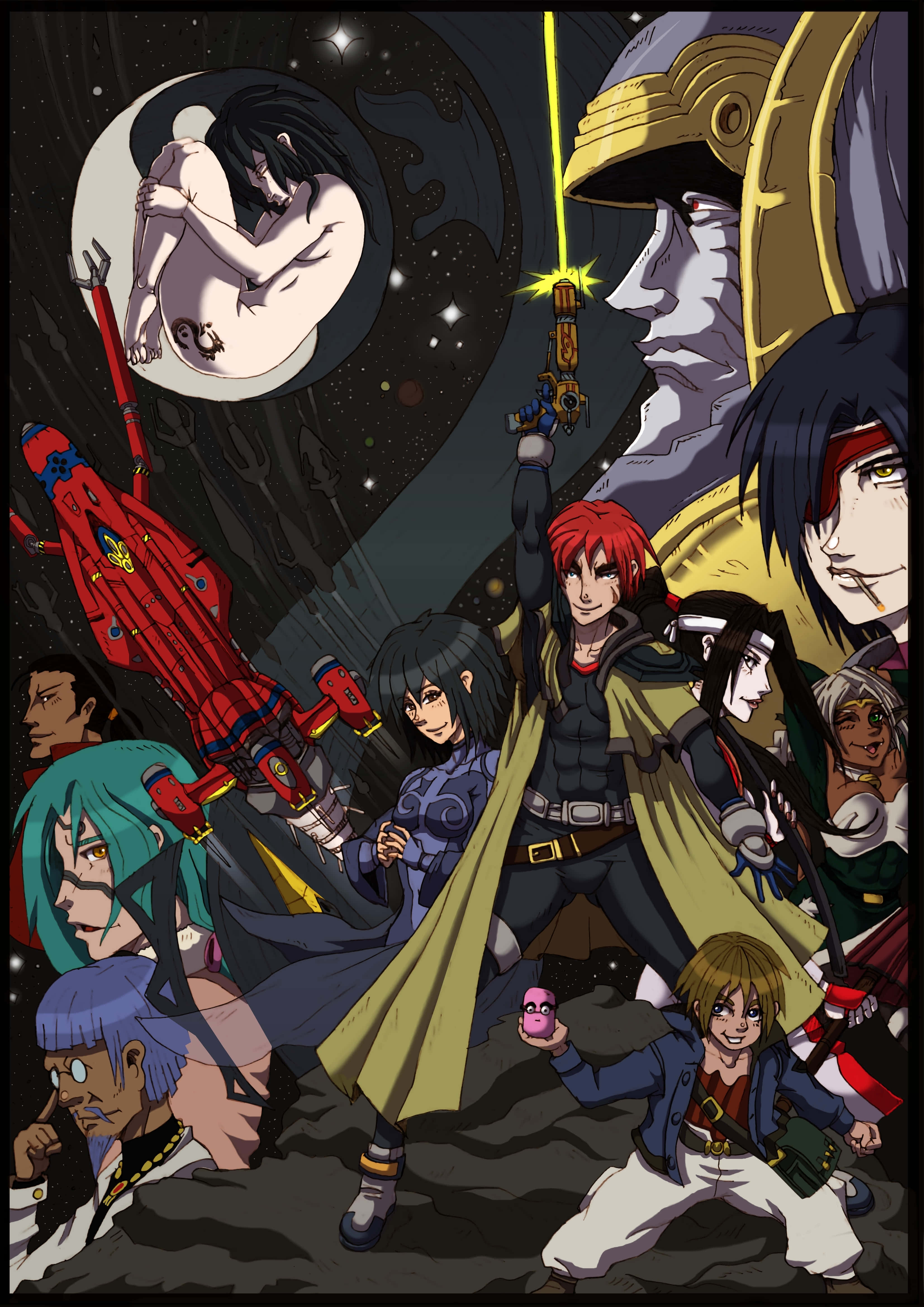 Outlaw Star 桌布 壁紙 — 一個充滿活力的動漫群體，包含多樣角色，手持武器和未來裝備，站在有月亮和星星的宇宙背景前。