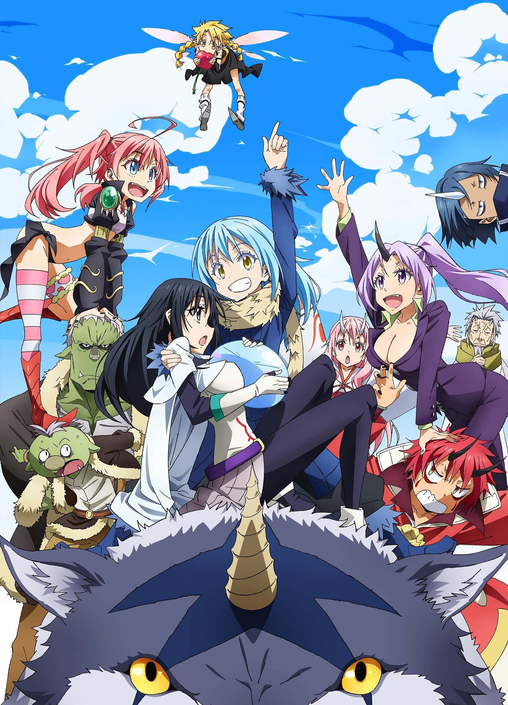 That Time I Got Reincarnated As A Slime 桌布 壁紙 — 一個充滿活力的動漫群體，包含多樣化的角色，表情豐富，穿著色彩繽紛的服裝，在明亮的藍天和蓬鬆的雲朵背景下充滿活力地擺姿勢。