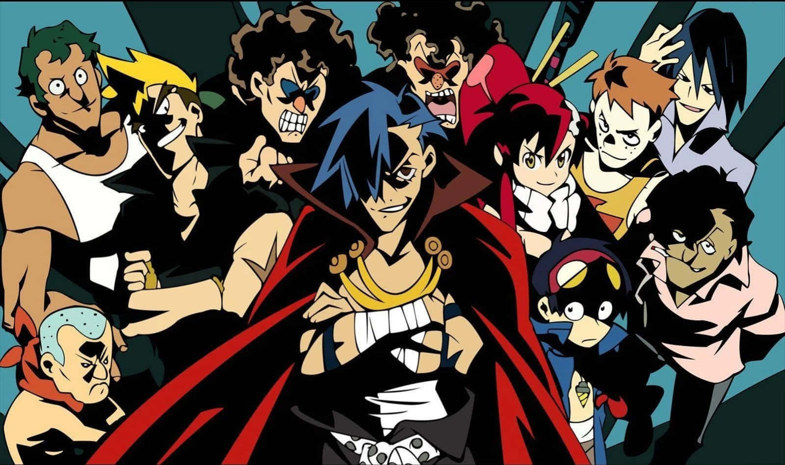 Gurren Lagann 桌布 壁紙 — 一個充滿活力的動漫群體，包含多樣化的角色，表情大膽，色彩鮮豔，一起擺姿勢。
