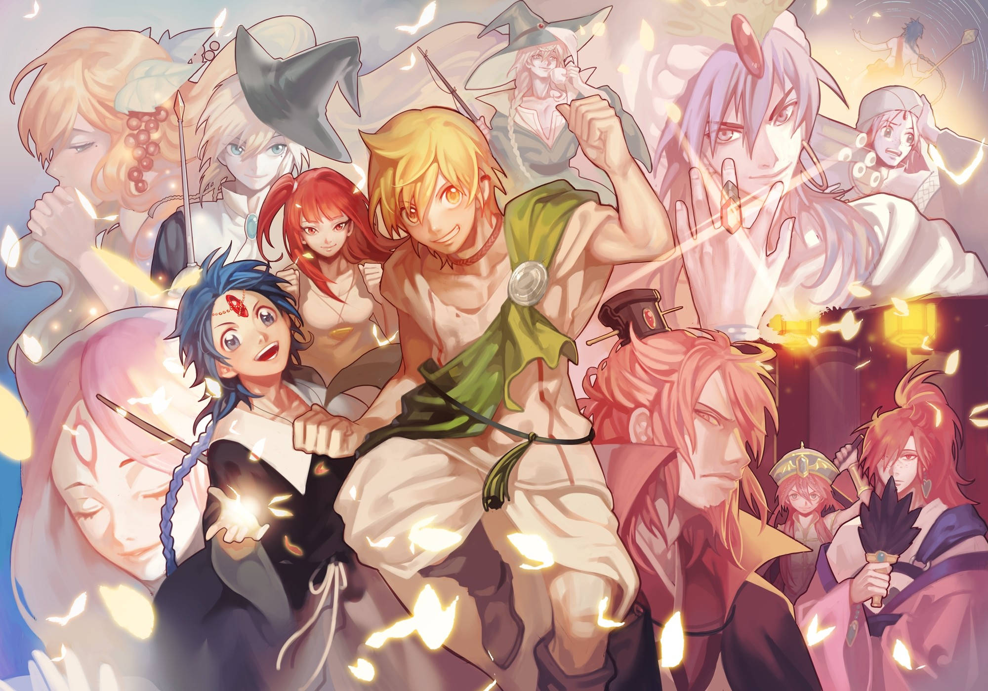 magi the kingdom of magic 桌布 壁紙 — 一個充滿活力的動漫群體，包含多樣角色，帶有發光的閃爍效果和動態姿勢，背景為柔和的漸變色。