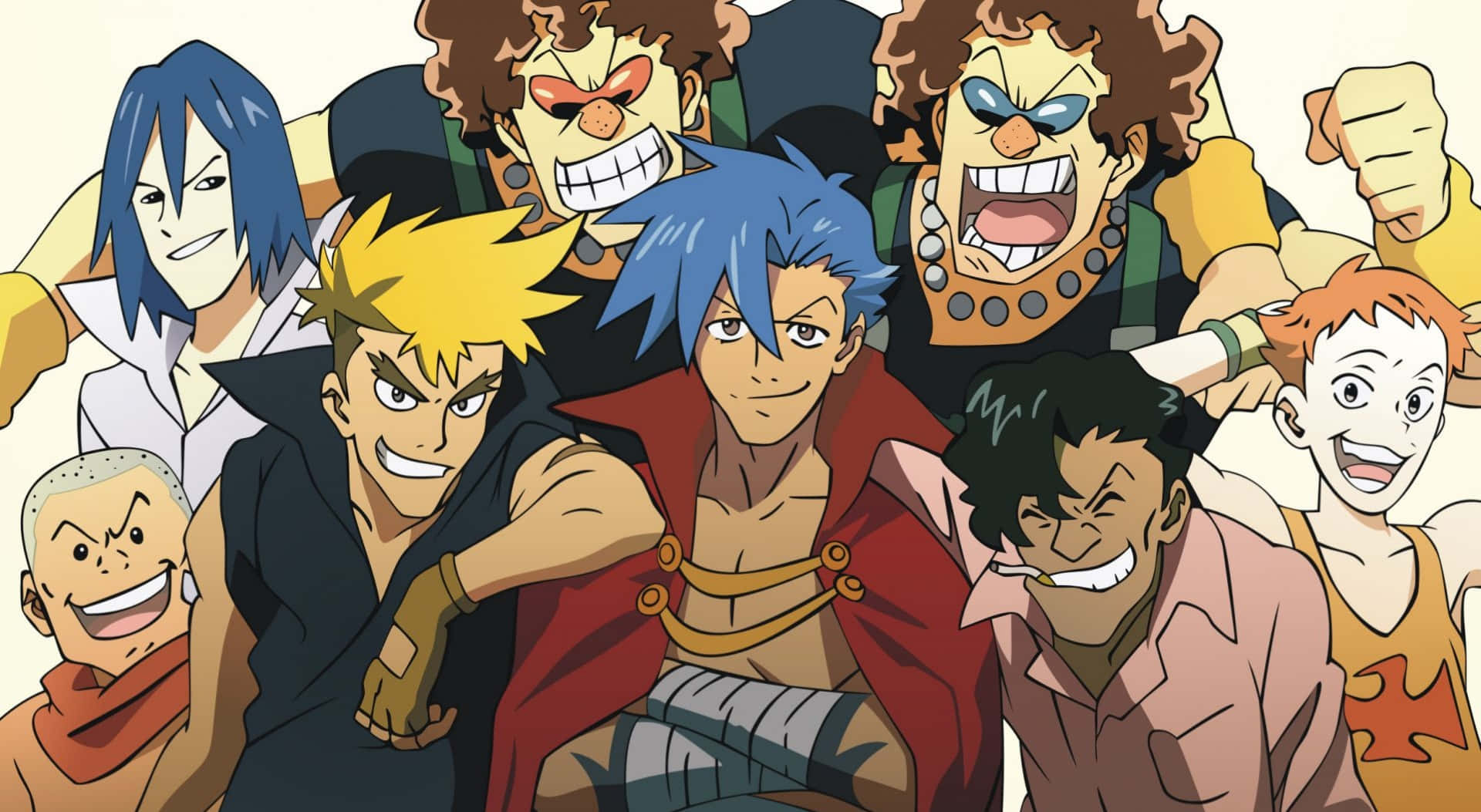 Gurren Lagann 桌布 壁紙 — 一個充滿活力的動漫群體，包含多樣化的角色，表情誇張，姿勢動感。