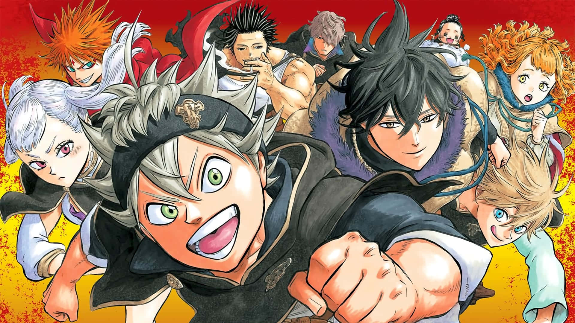 Black Clover Black Bull 桌布 壁紙 — 一個充滿活力的動漫群體，包含多樣化的角色，表情豐富且頭髮尖刺，在火紅與黃色的背景前向前衝刺。