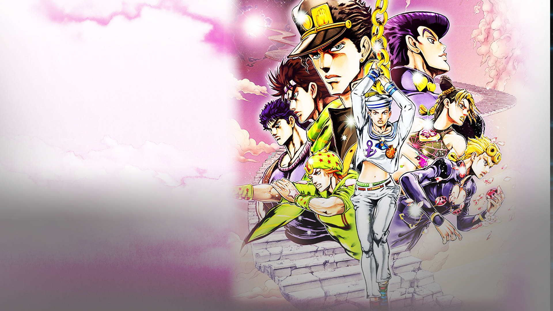 Johnny Joestar 桌布 壁紙 — 一個充滿活力的動漫群體，包含風格化的角色，色彩鮮豔，姿勢戲劇化，背景是柔和的粉紅色天空。