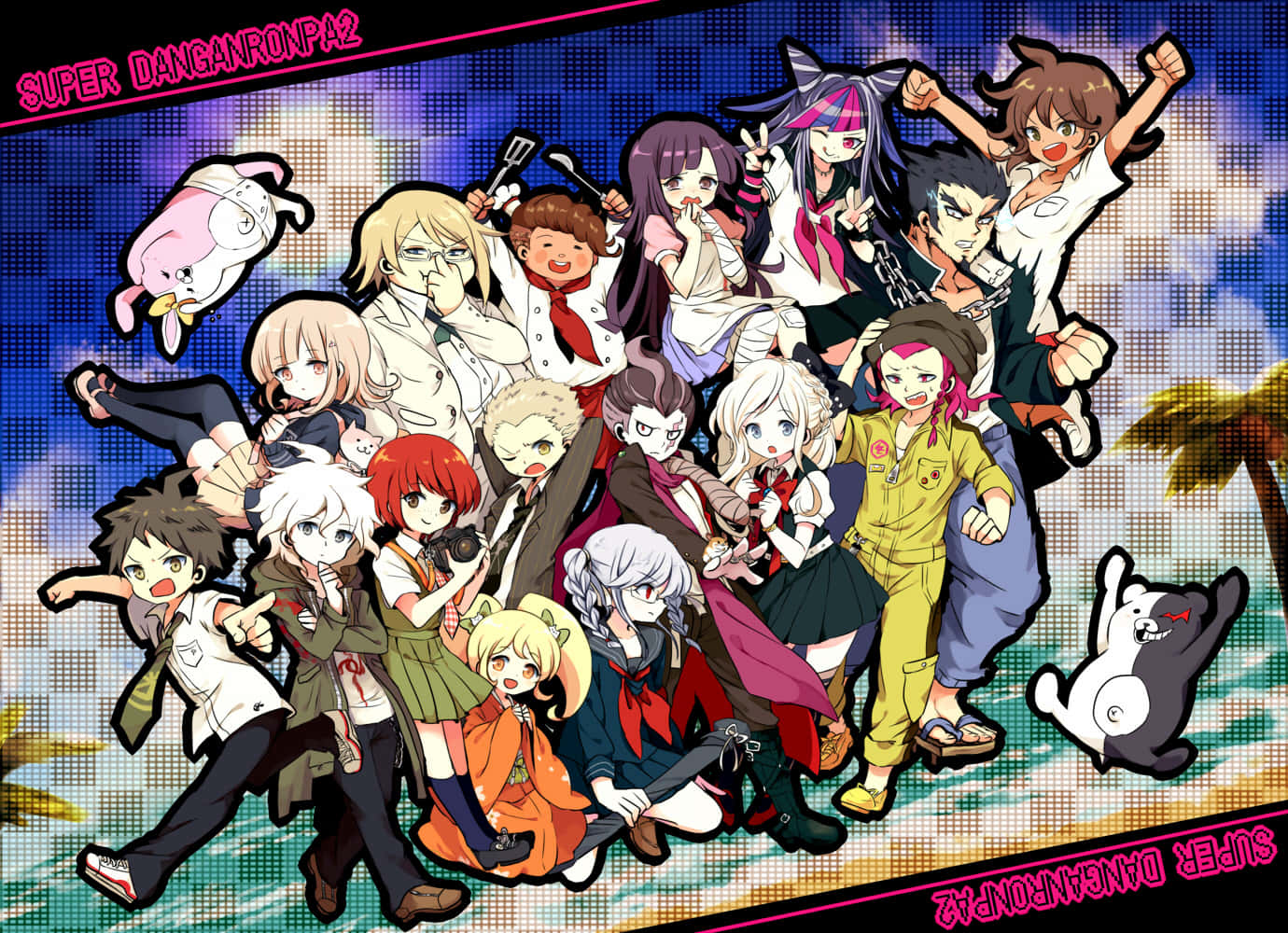 Danganronpa 桌布 壁紙 — 一個充滿活力的動漫群體，由不同角色組成，在像素化的熱帶背景前充滿活力地擺姿勢，背景有棕櫚樹和一隻粉紅色的兔子。