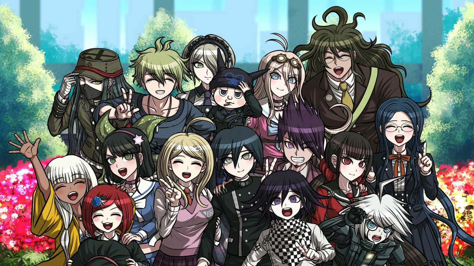 Danganronpa 桌布 壁紙 — 一個充滿活力的動漫群體，由不同角色組成，在色彩繽紛的花園中愉快地擺姿勢，花園裡有盛開的花朵和樹木。