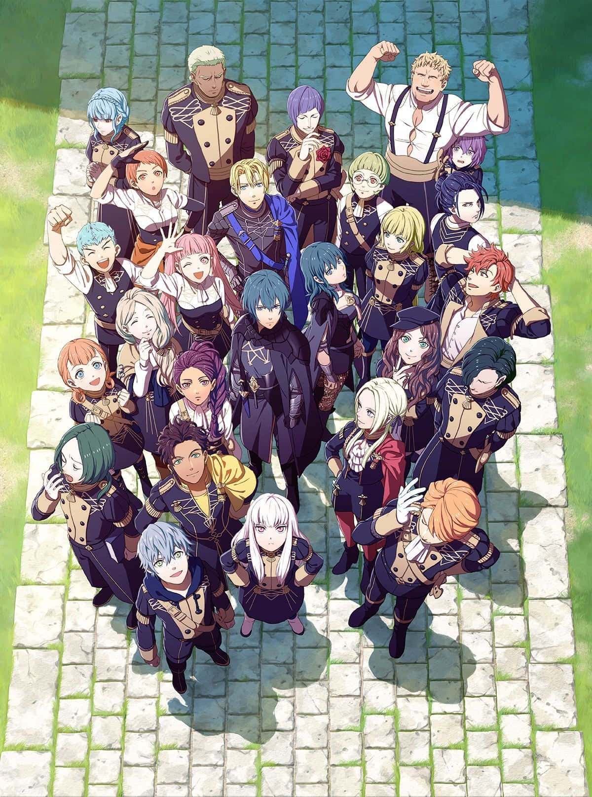 穿著制服的動漫角色在燦爛陽光下，於石徑上愉快地擺姿勢。 — Fire Emblem Warriors 壁紙