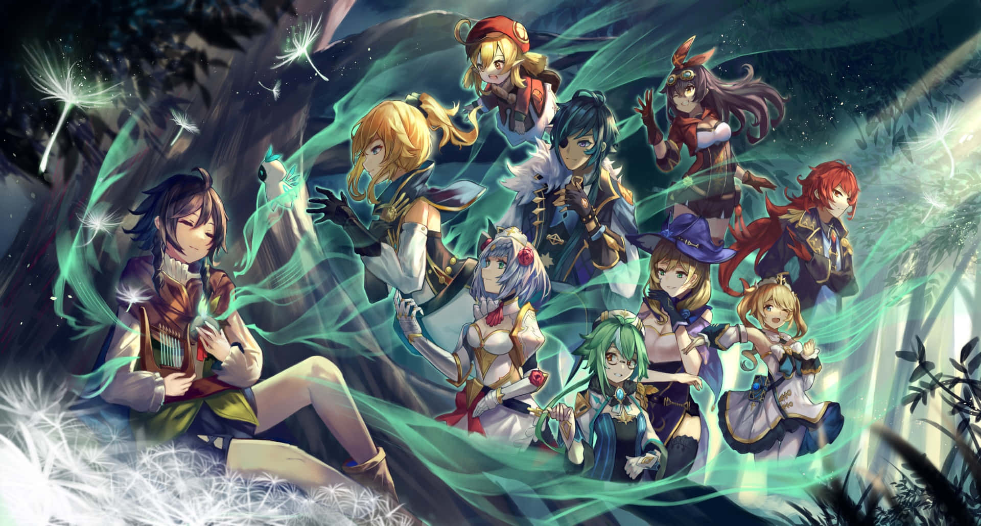 Genshin Impact Characters 桌布 壁紙 — 一個充滿活力的動漫群體，由不同角色組成，聚集在一個神秘森林中，森林散發著綠色能量和漂浮的蒲公英種子。