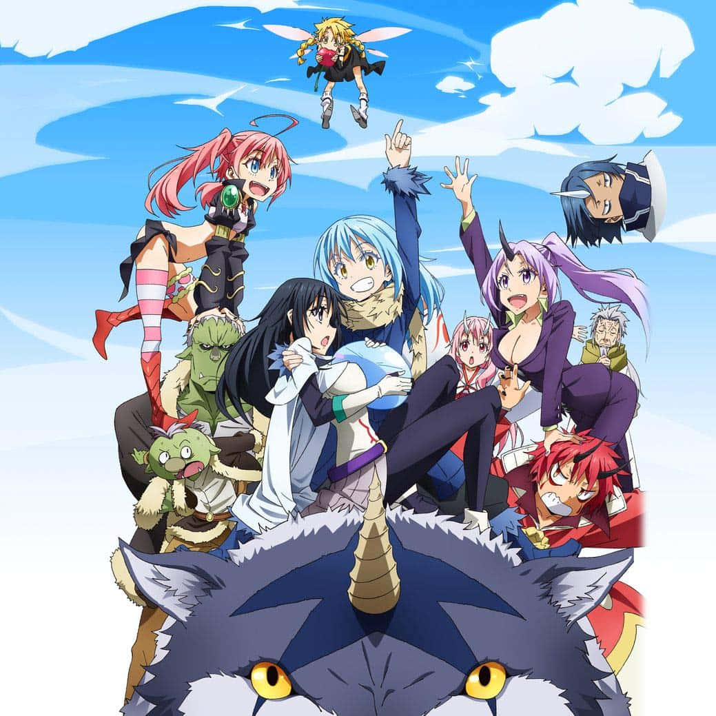 That Time I Got Reincarnated As A Slime 桌布 壁紙 — 一個充滿活力的動漫群體，由不同角色組成，快樂地站在一隻巨大的狼狀生物上，背景是明亮的藍天和蓬鬆的雲朵。