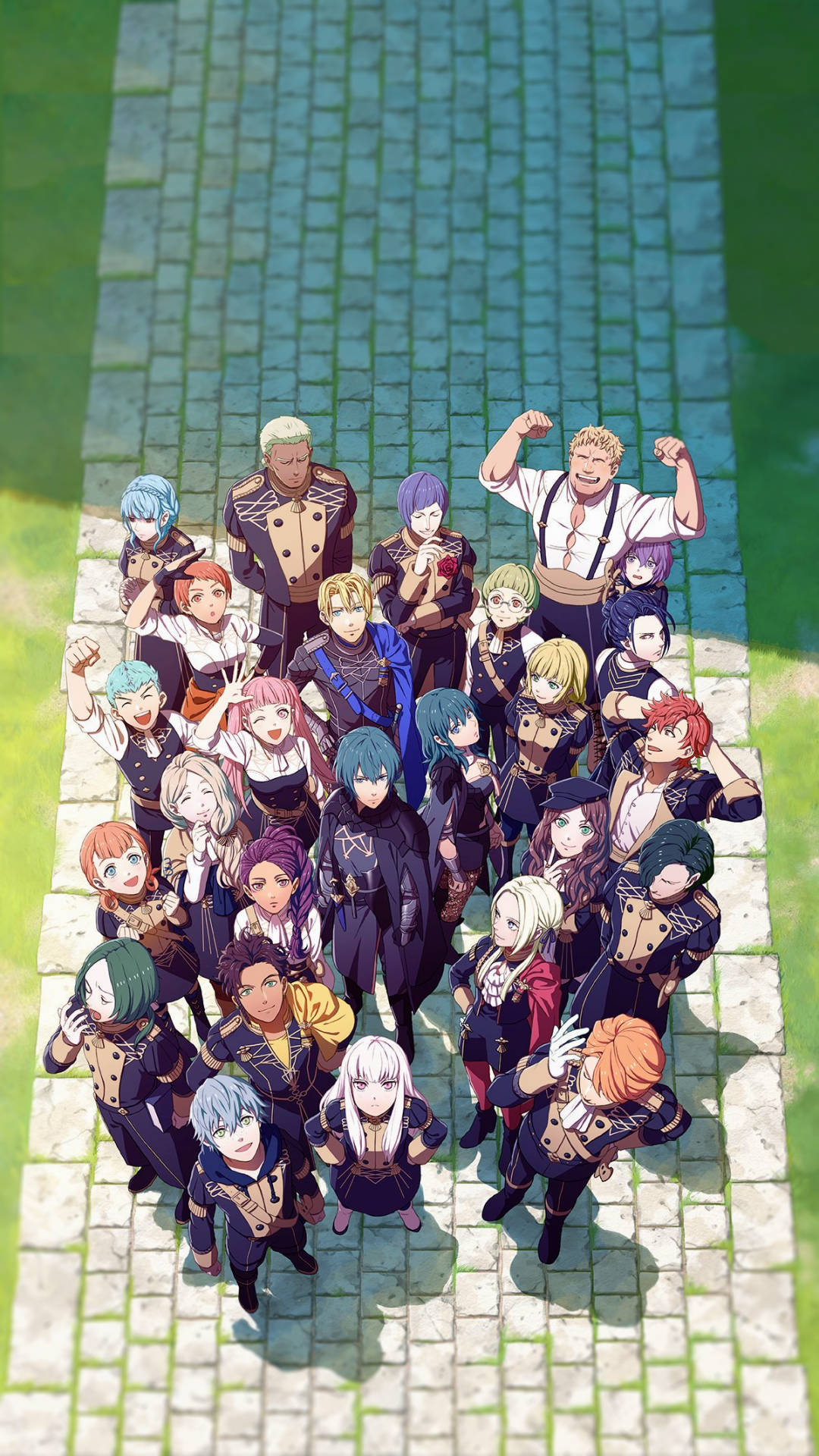 動漫角色在明亮的陽光下一起在鵝卵石小徑上擺姿勢。 — Fire Emblem Warriors 壁紙