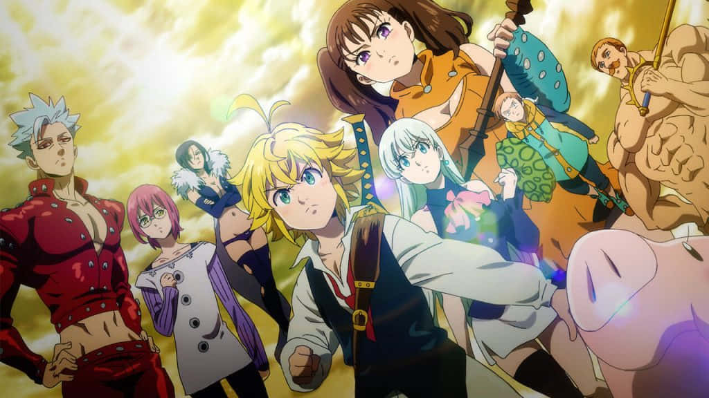 Shonen Anime 桌布 壁紙 — 一個充滿活力的動漫群體，由多樣化的角色組成，在燦爛的金色天空背景下英勇地擺出姿勢。