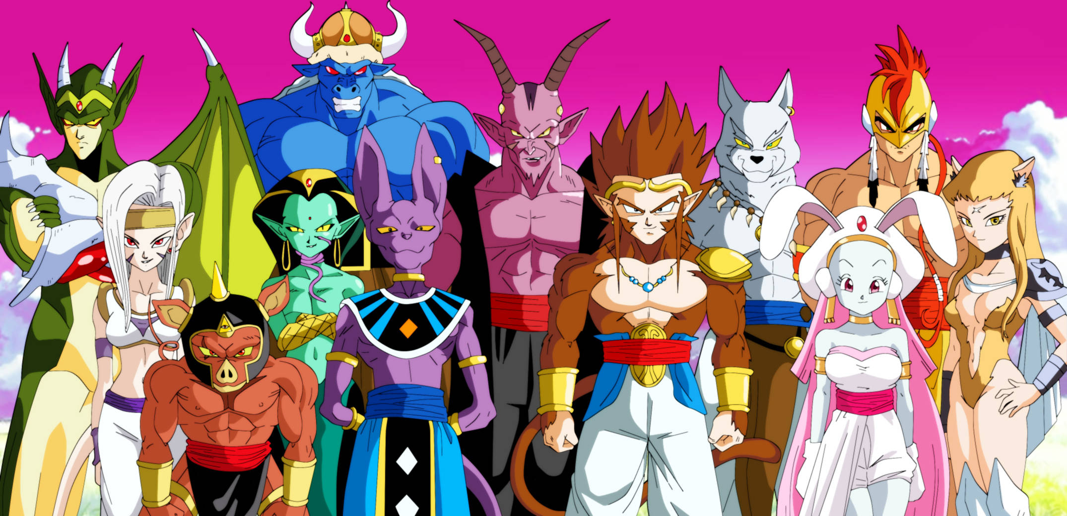 Beerus 桌布 壁紙 — 一個充滿活力的動漫群體，由多種奇幻角色組成，頭上有角，身穿精緻服裝，在粉紅色天空下擺姿勢。