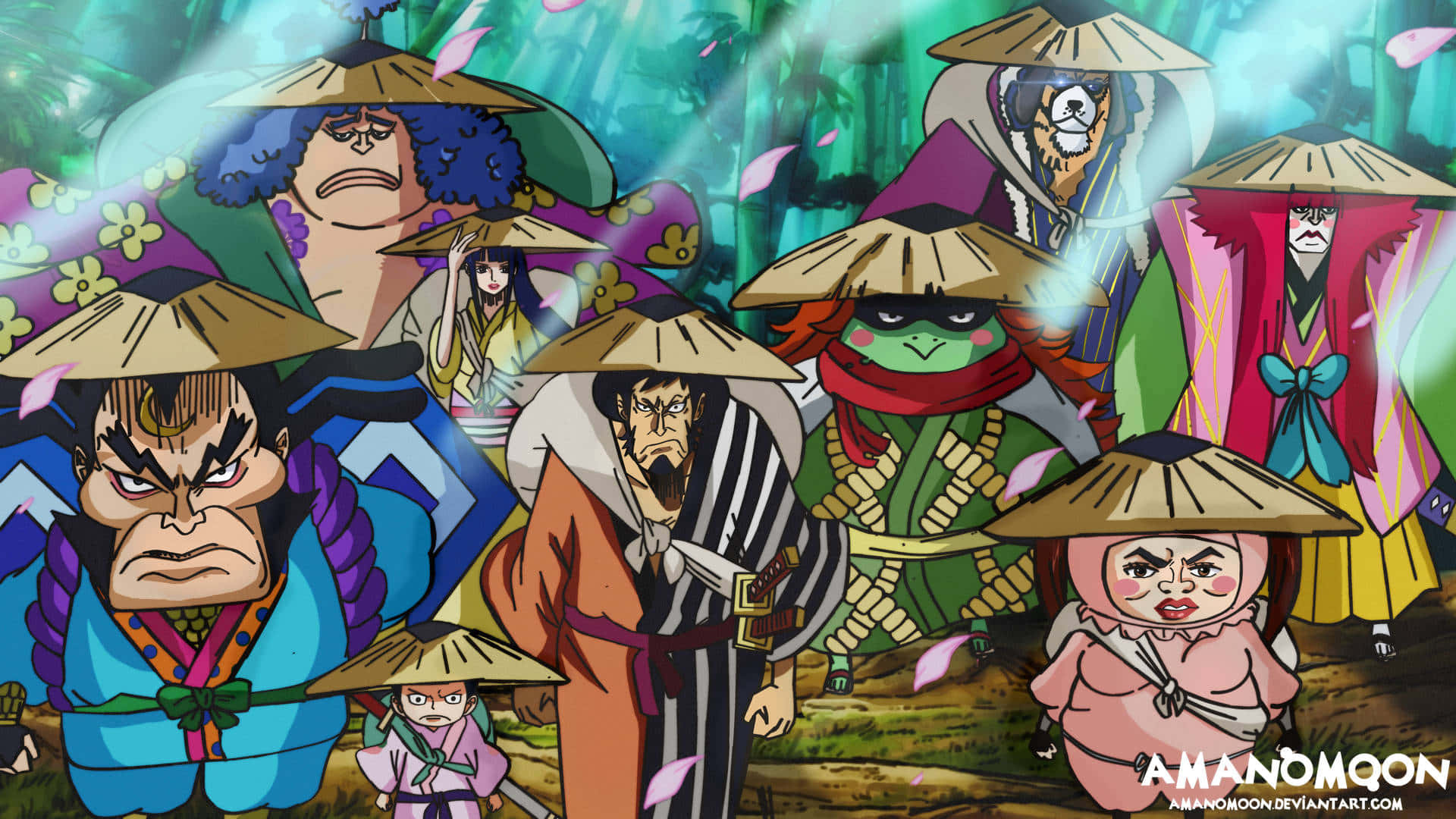 Wano Country 桌布 壁紙 — 一個充滿活力的動漫群體，由戴著草帽的多樣角色組成，站在茂密綠色森林中飄落的櫻花之中。