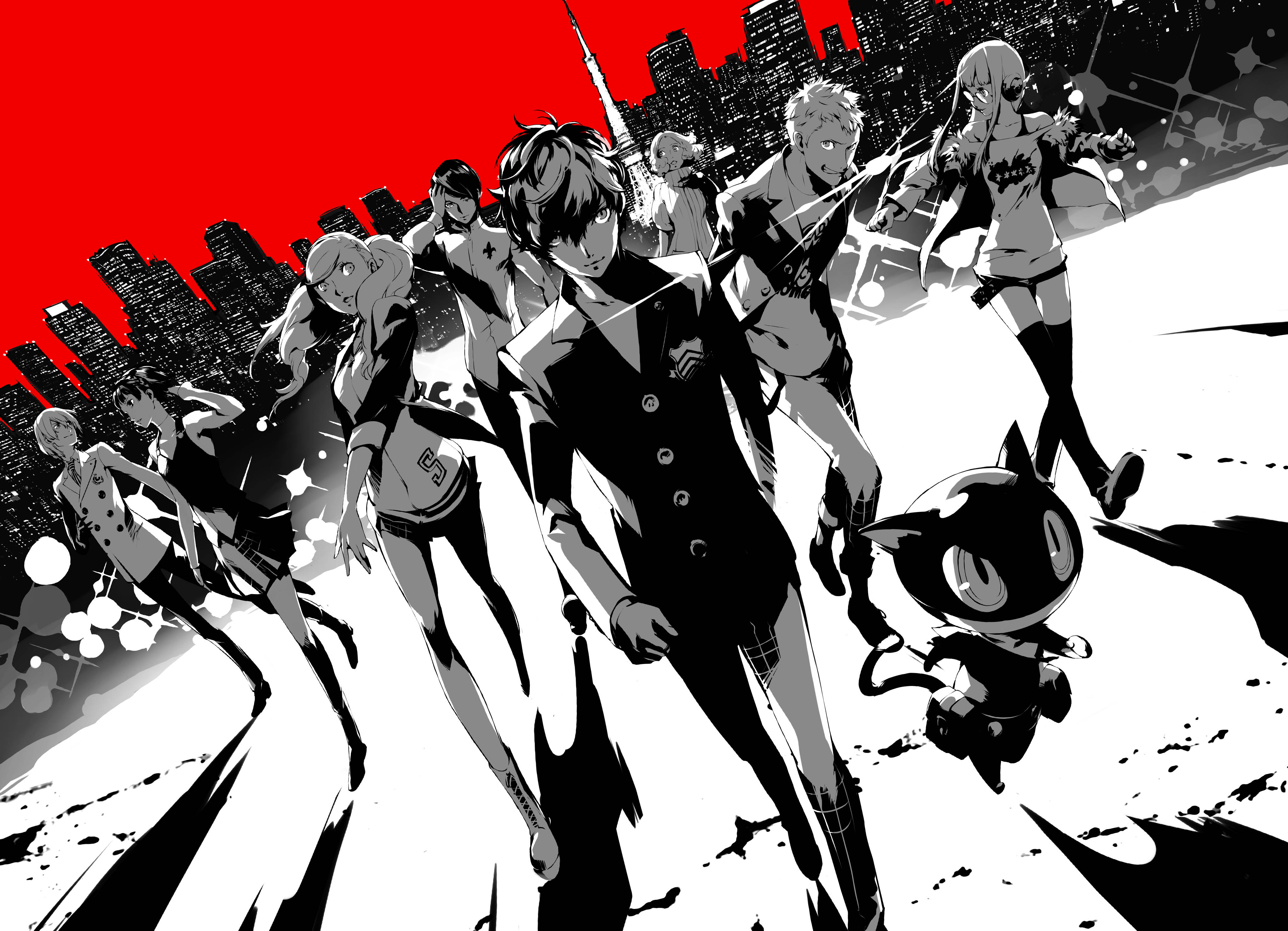 persona 5 4K 桌布 壁紙 — 一個充滿活力的動漫群體在鮮紅色的城市景觀背景下大步向前，帶有強烈的黑白對比。
