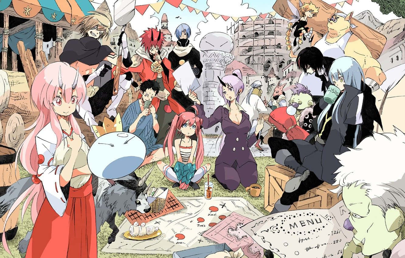 That Time I Got Reincarnated As A Slime 桌布 壁紙 — 一個充滿活力的動漫聚會，各種角色在一個熙熙攘攘的節日小鎮享受野餐，小鎮上有色彩繽紛的旗幟和質樸的建築。