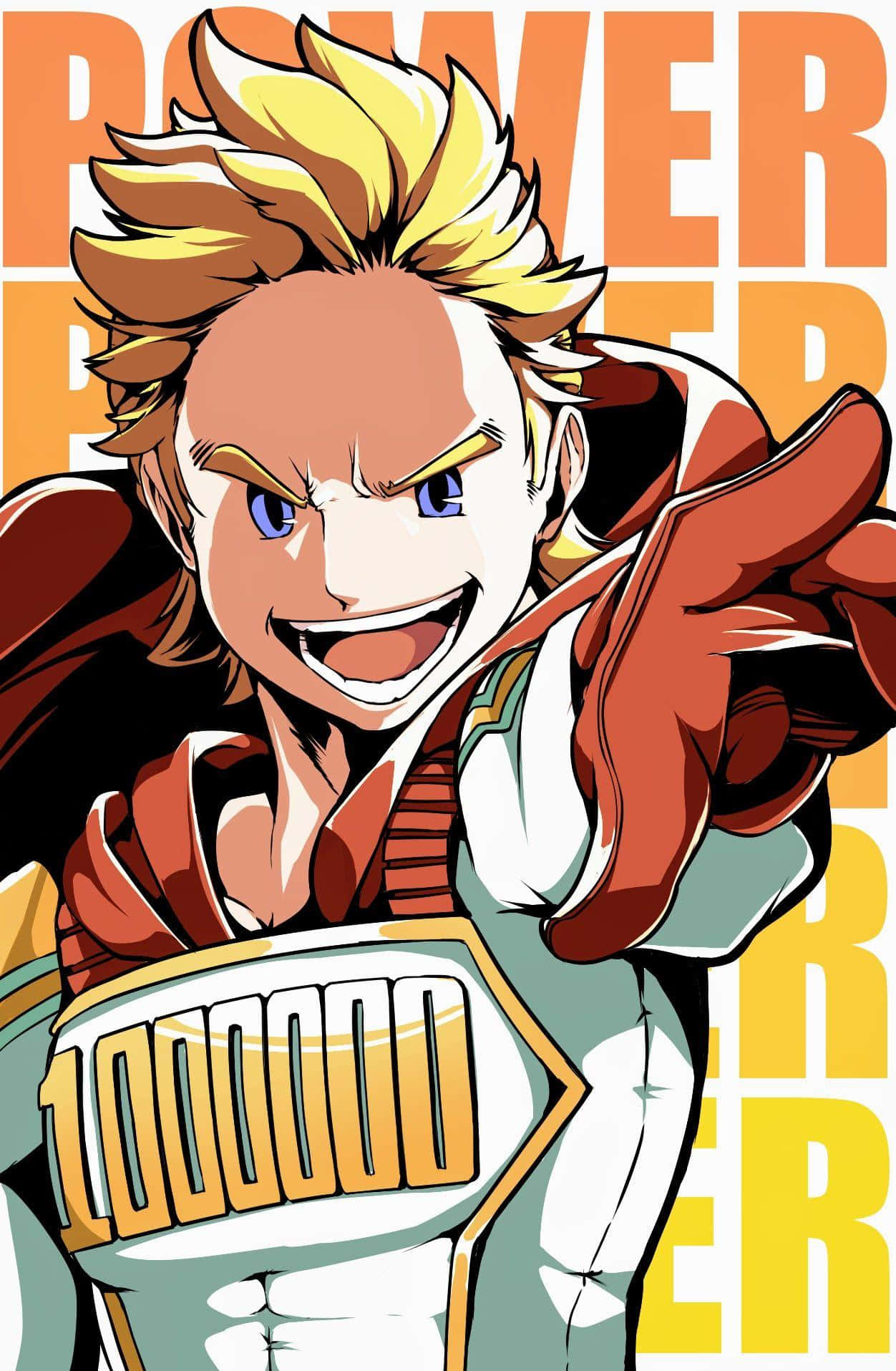 Mirio Togata 桌布 壁紙 — 一個充滿活力的動漫英雄，擁有尖刺金髮和藍色眼睛，在鮮明的橙色和黃色背景下，帶著兇猛的笑容向前指。