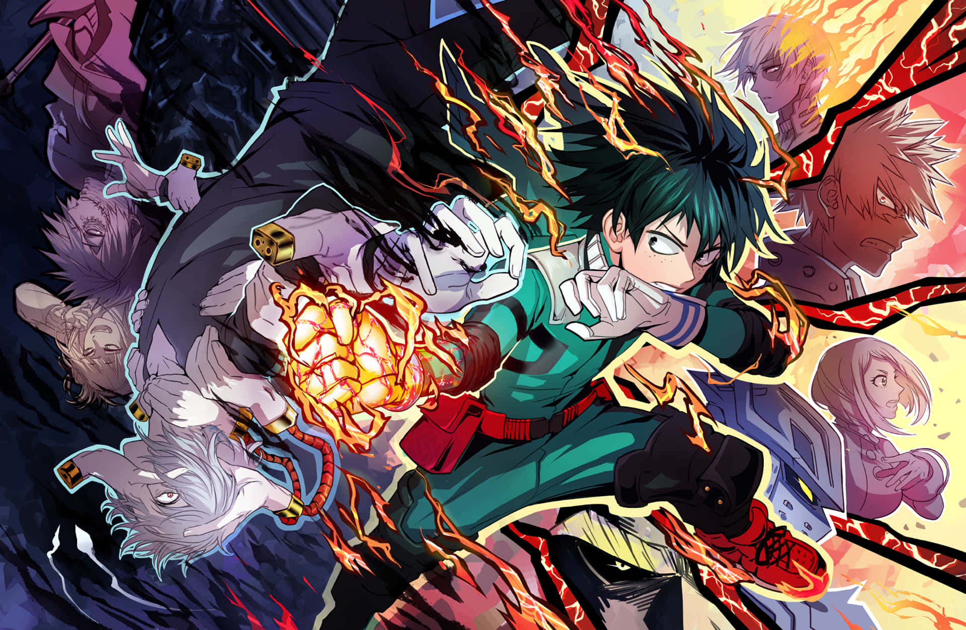 My Hero Academia Halloween 桌布 壁紙 — 一個充滿活力的動漫英雄在混亂的戰鬥場景中釋放出熾熱的能量，周圍有多個角色。
