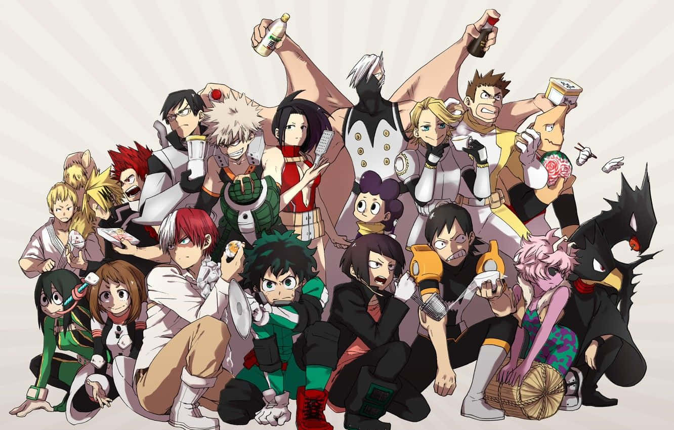 My Hero Academia Anime 桌布 壁紙 — 一個充滿活力的動漫英雄與反派群體，在陽光爆發的背景前，以飲料和表情動態地擺出姿勢。
