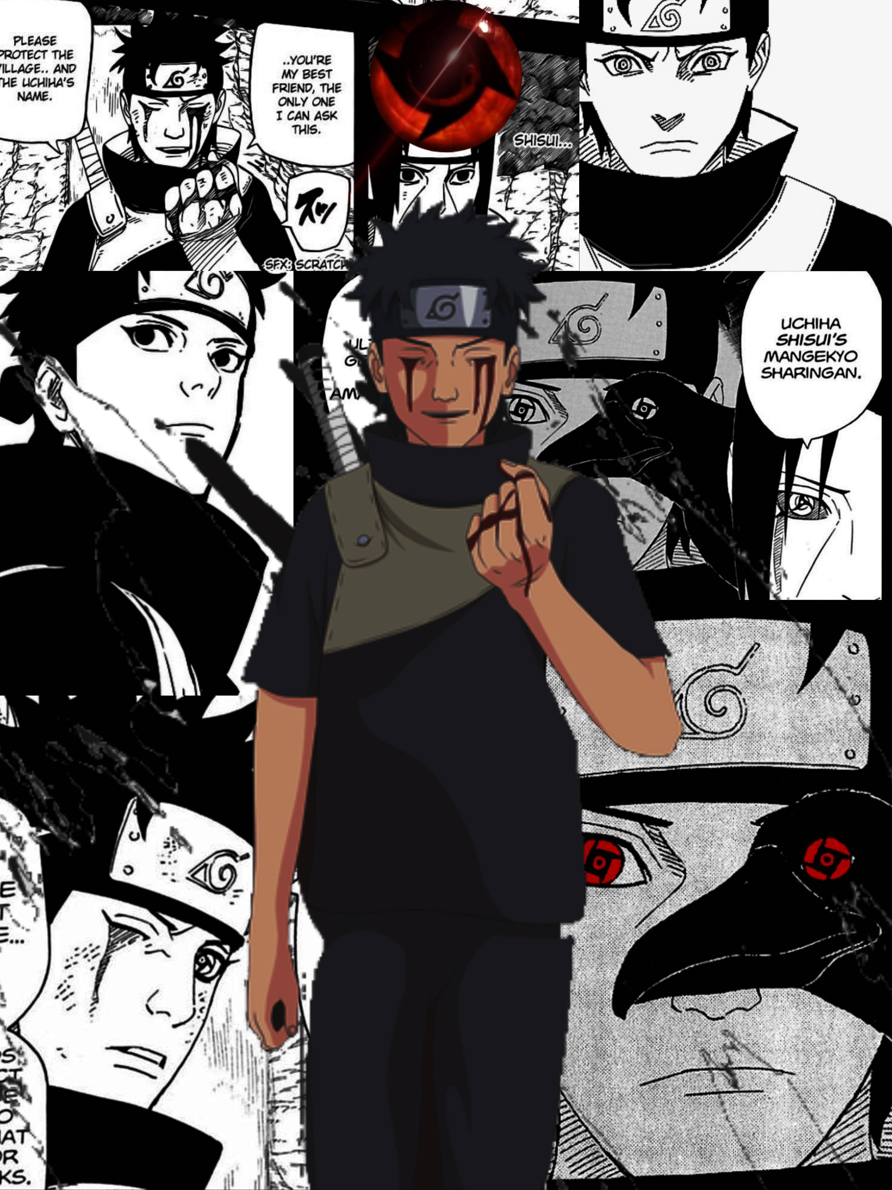 Shisui 桌布 壁紙 — 一個充滿活力的動漫角色，帶有紅色眼睛標記，站在舞台中央，背景是包含宇智波家族成員和寫輪眼的漫畫面板拼貼。
