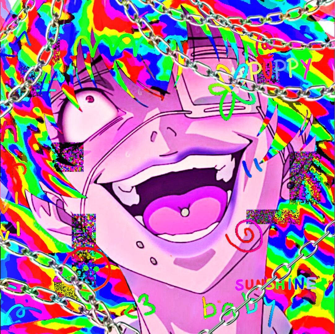 動漫女孩 桌布 壁紙 — 一個充滿活力的動漫角色，帶著燦爛的笑容和鎖鏈，疊加在迷幻的彩虹背景上。