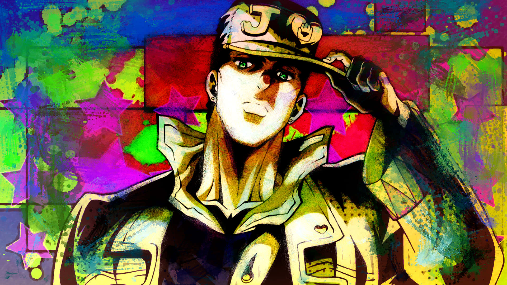 Jojo 桌布 壁紙 — 一個充滿活力的動漫角色，戴著帽子和外套，站在帶有星形圖案的彩色抽象背景前。