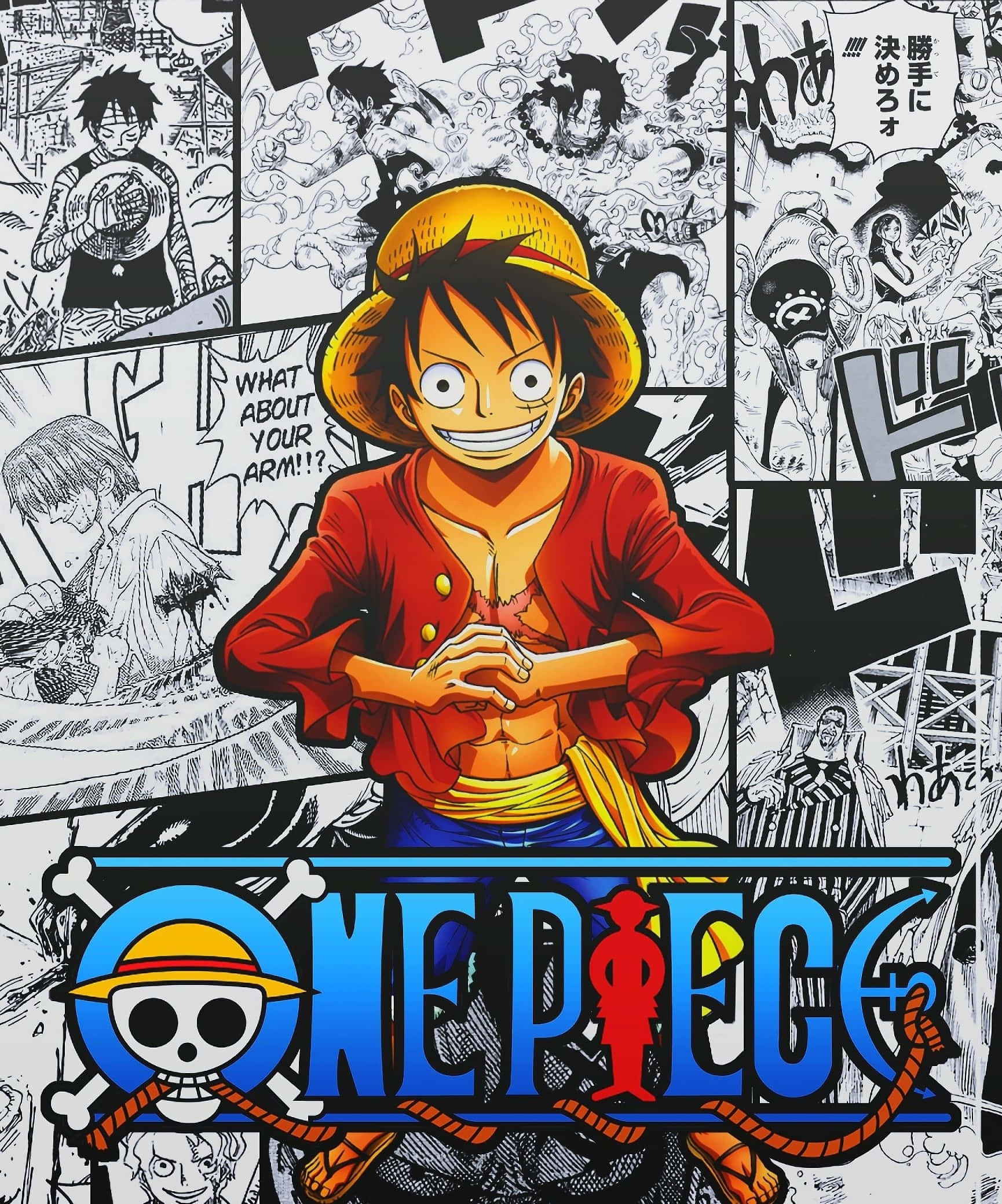 One Piece Manga 桌布 壁紙 — 一個充滿活力的動漫角色，戴著草帽和紅色外套，自信地站在動態漫畫面板拼貼畫前。