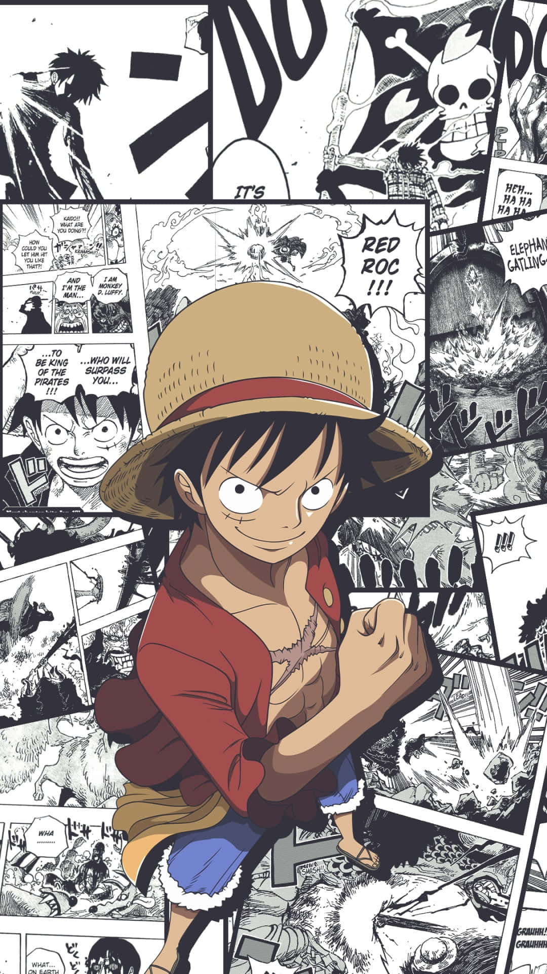 Luffy 桌布 壁紙 — 一個充滿活力的動漫角色，戴著草帽和紅色外套，自信地站在黑白漫畫面板拼貼畫前。