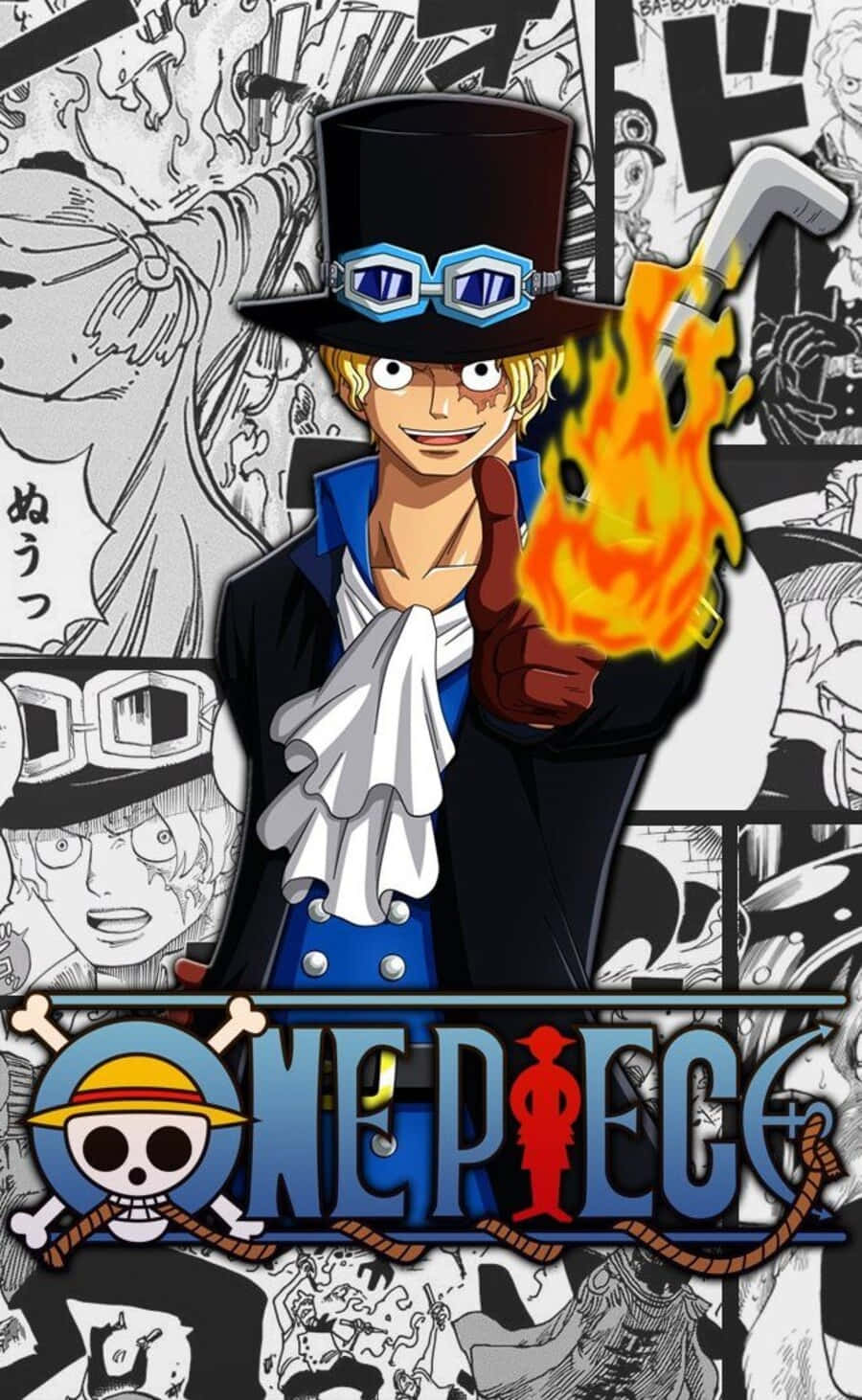 One Piece Manga 桌布 壁紙 — 一個充滿活力的動漫角色，戴著高帽和護目鏡，在混亂的漫畫面板背景下揮舞著一把火焰劍。