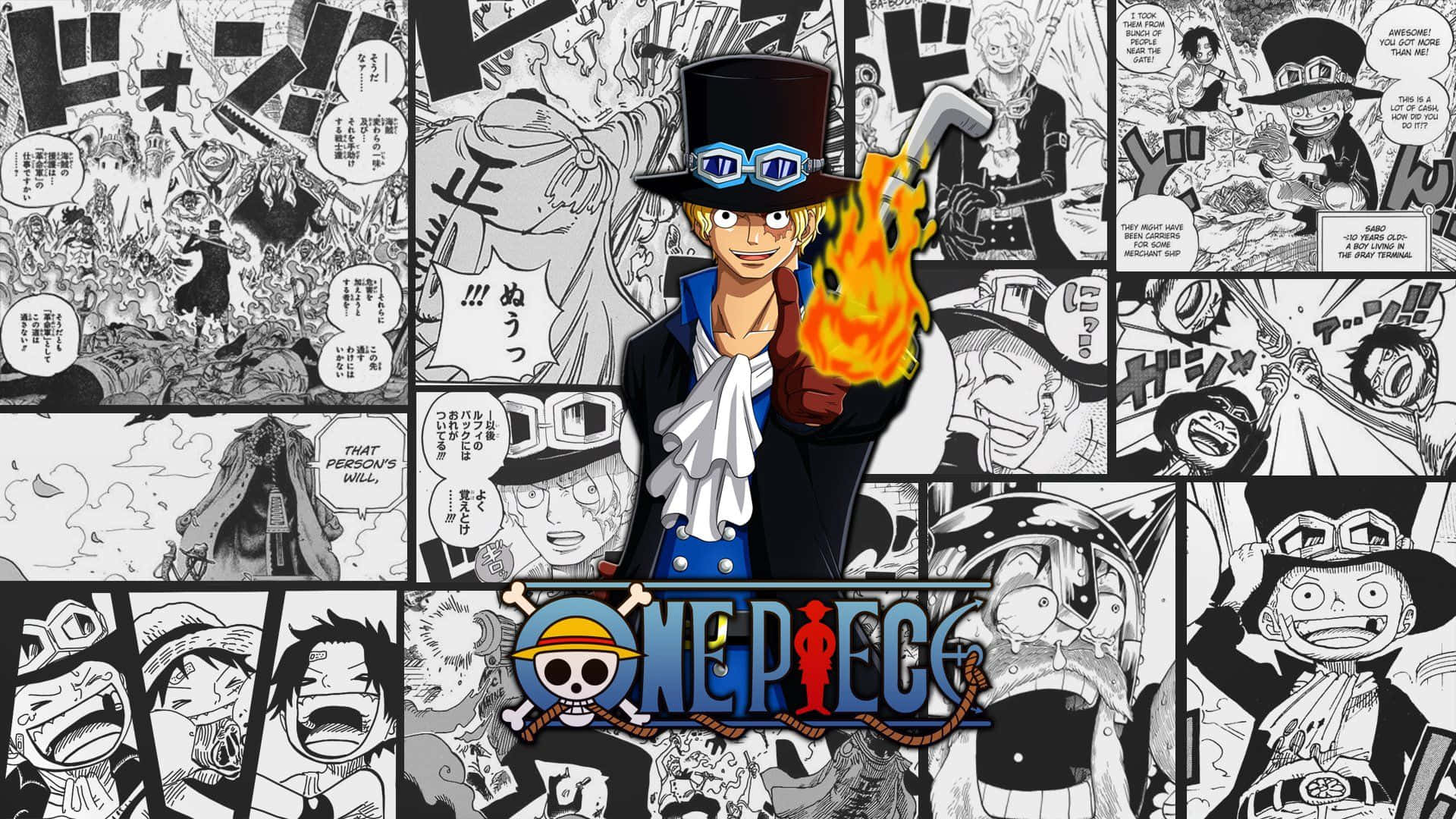 One Piece Manga 桌布 壁紙 — 一個充滿活力的動漫角色，手握火焰拳，站在以One Piece黑白漫畫面板拼貼為背景的中央。