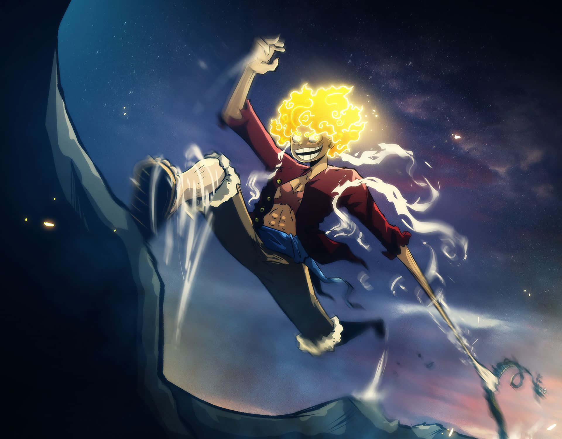Luffy 桌布 壁紙 — 一個充滿活力的動漫角色，擁有尖刺的黃色頭髮和紅色外套，在星光燦爛的夜空下動態跳躍，伴隨著旋轉的能量效果。