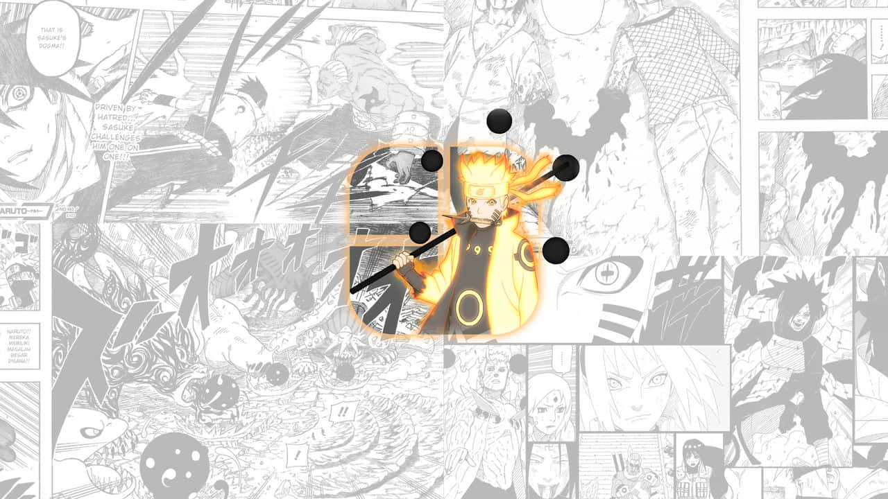 Sage Of Six Paths 桌布 壁紙 — 一個充滿活力的動漫角色，擁有尖刺金髮和發光的黃色光環，站在灰階漫畫面板拼貼背景的中央。