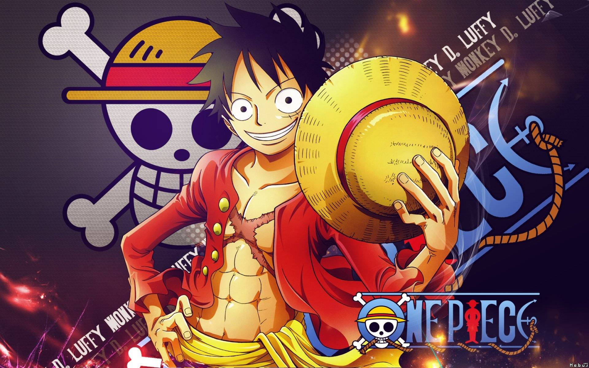 Luffy 桌布 壁紙 — 一個充滿活力的動漫角色，擁有尖刺黑髮和草帽，在帶有骷髏和交叉骨圖案的黑暗背景上大膽咧嘴笑。
