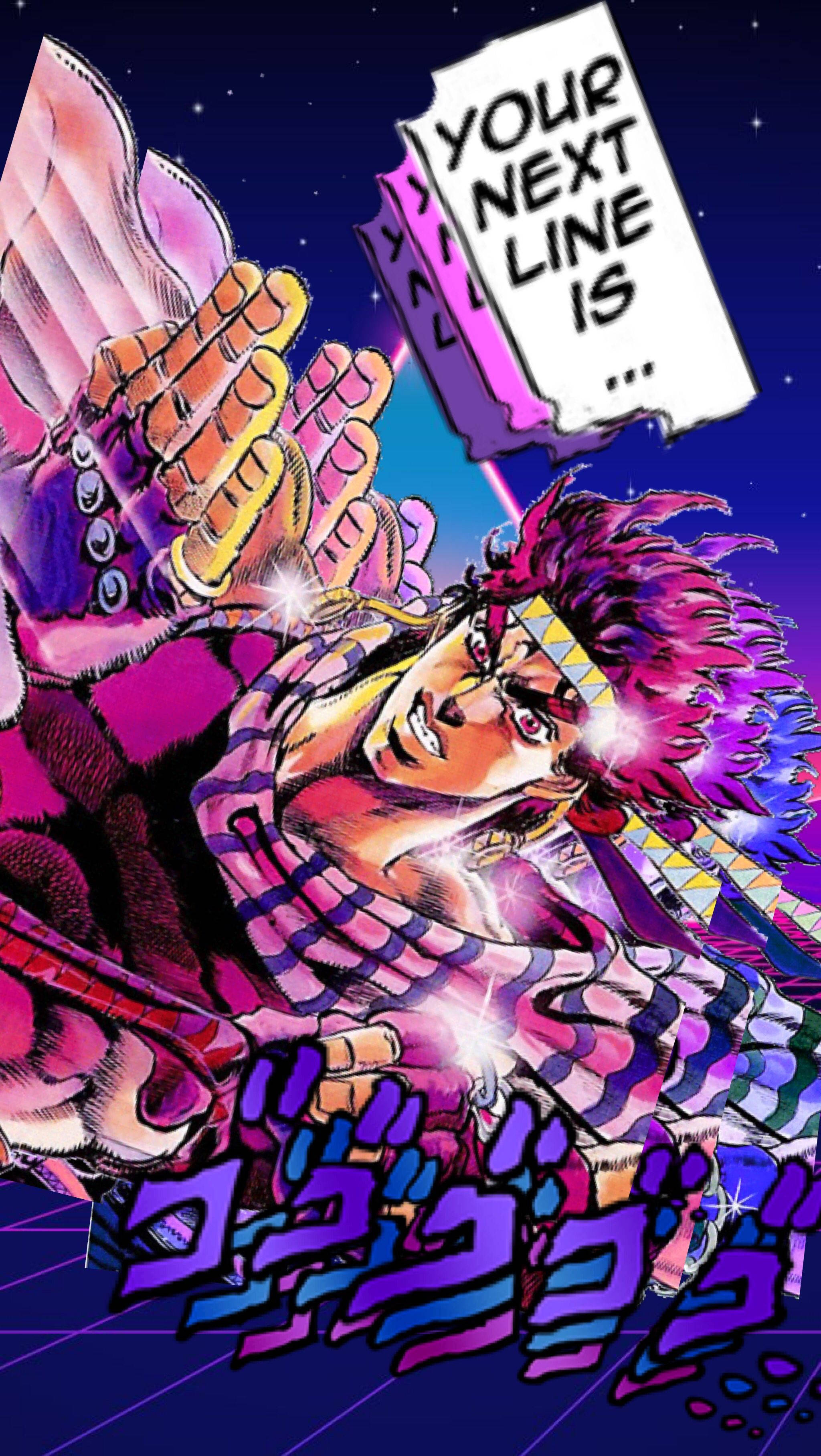 Jojo 桌布 壁紙 — 一個充滿活力的動漫角色，擁有尖刺的粉紅色頭髮和金色手套，在繁星點點的紫色背景上擺出動態姿勢，並帶有浮動對話氣泡。