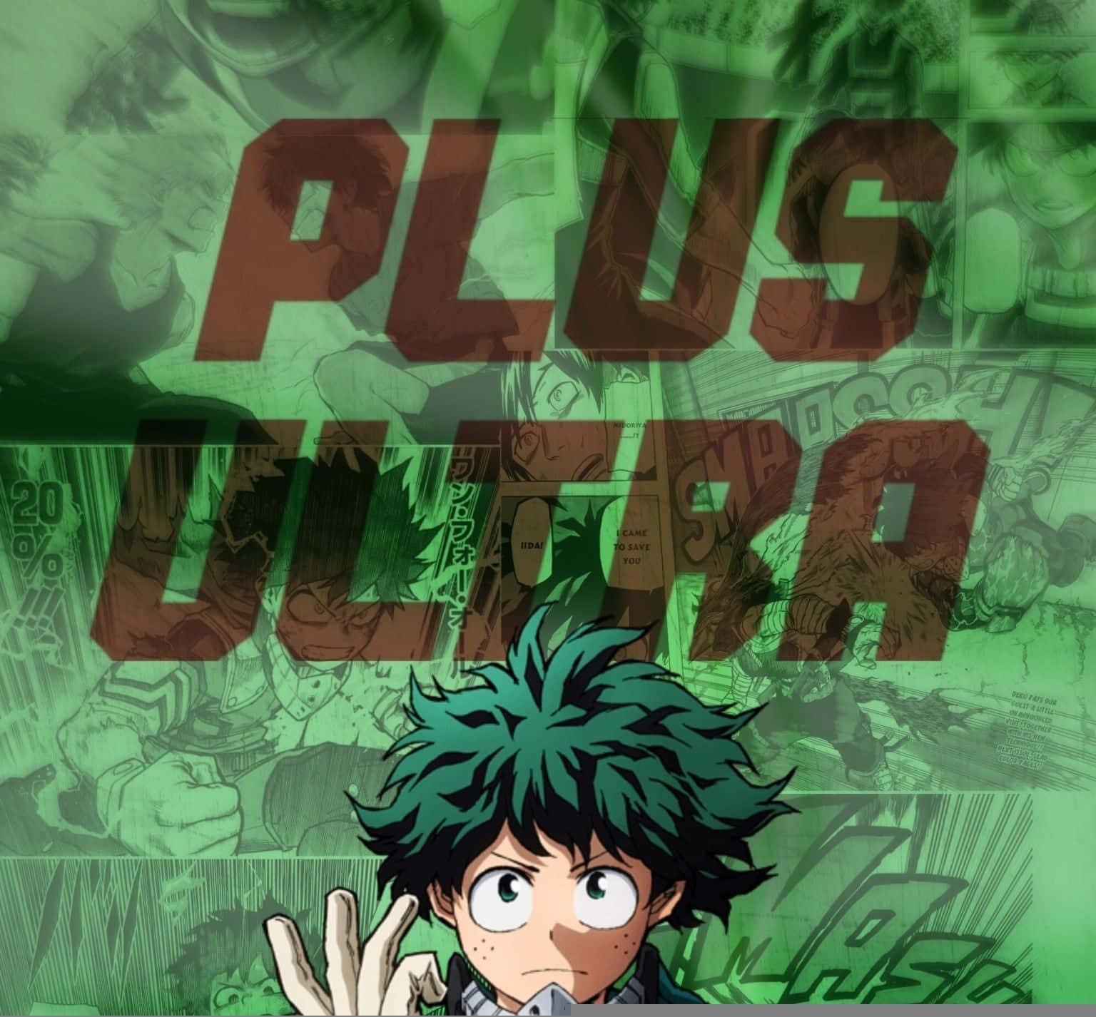 Aesthetic Deku 桌布 壁紙 — 一個充滿活力的動漫角色，擁有尖刺的綠色頭髮，在綠色調的漫畫拼貼背景前做出和平手勢，背景上有粗體文字「PLUS ULTRA」。