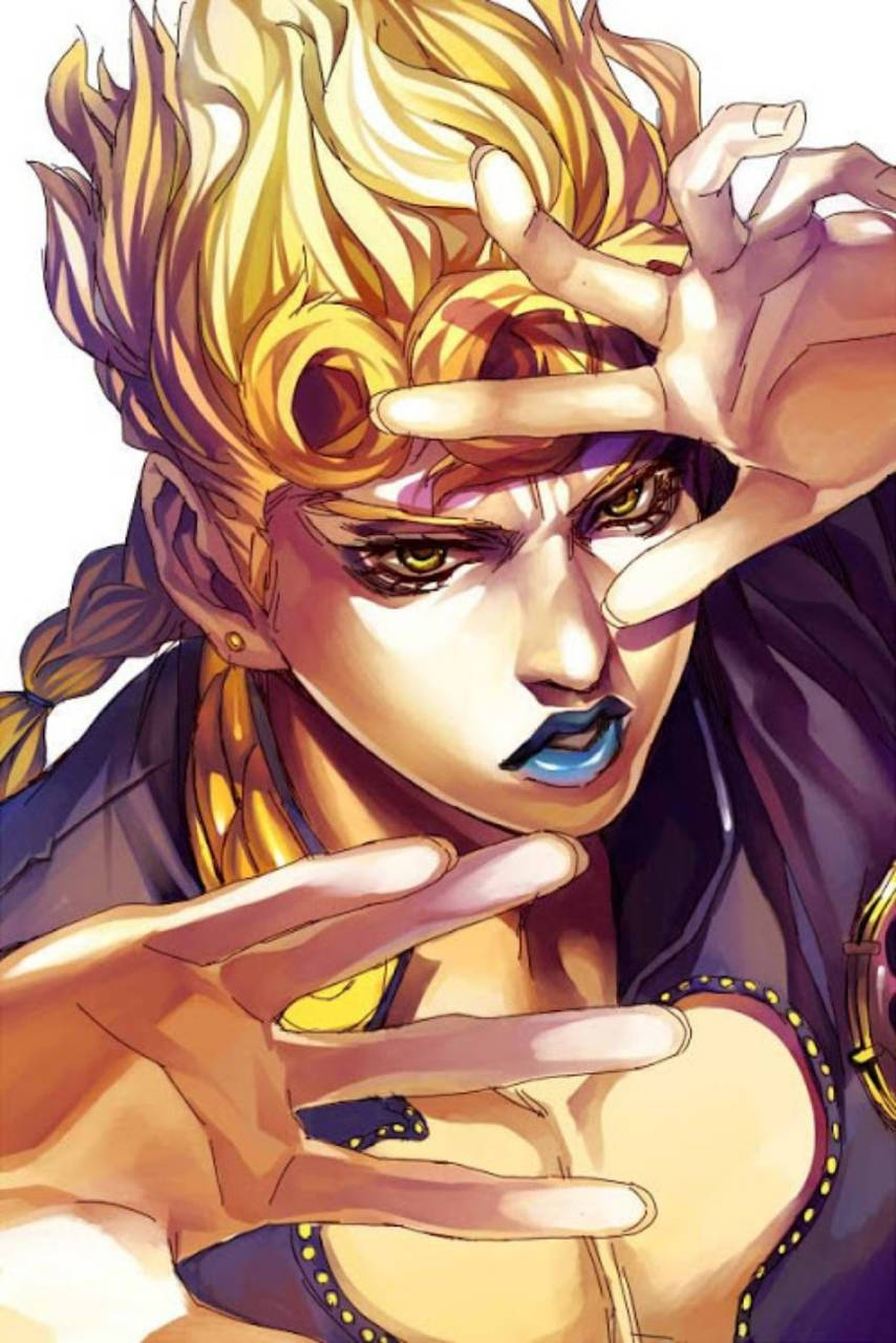 Giorno 桌布 壁紙 — 一個充滿活力的動漫角色，擁有尖刺金髮和藍色嘴唇，在純白背景前將手靠近臉部擺姿勢。