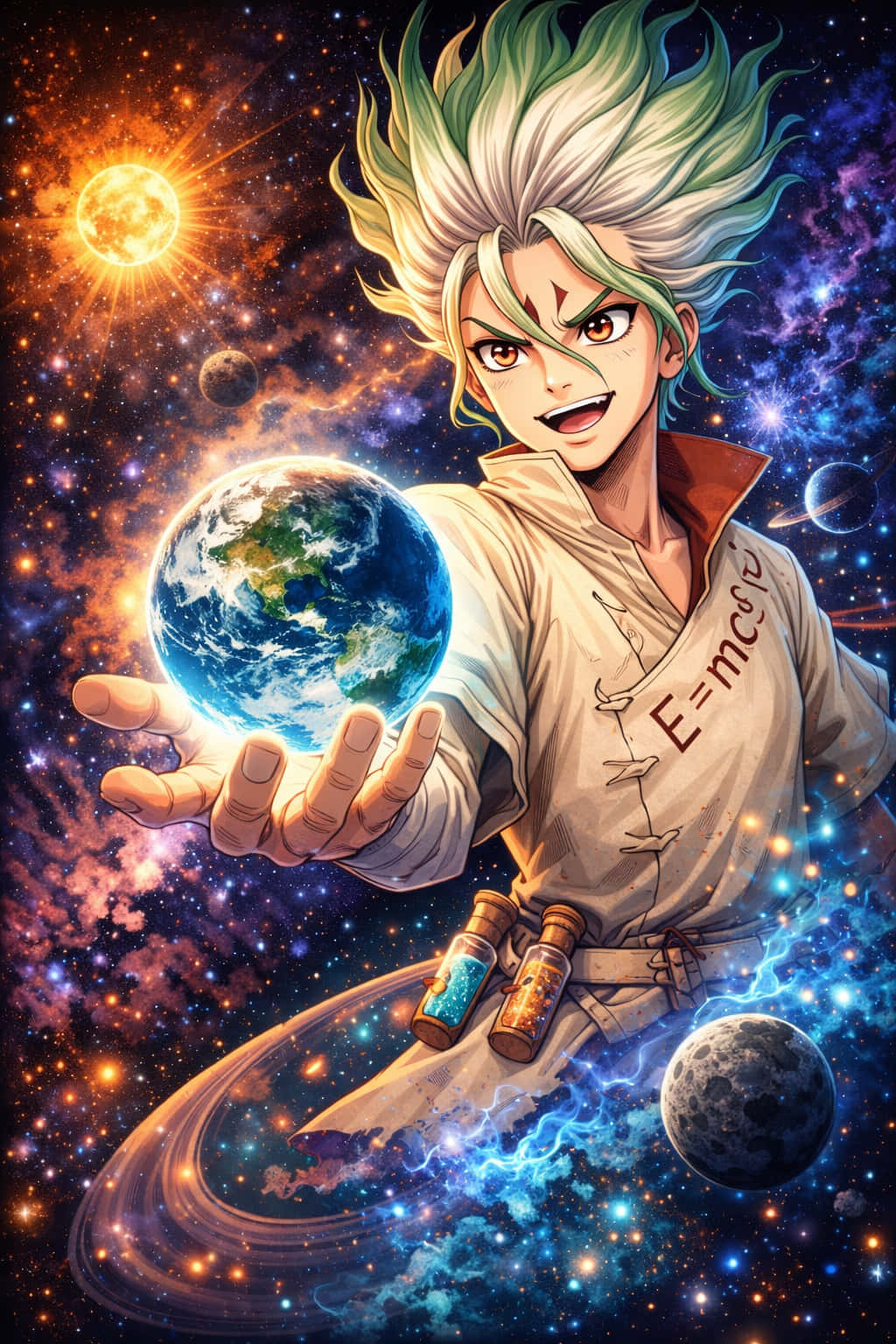 Senku 桌布 壁紙 — 一個充滿活力的動漫角色，擁有尖刺的綠色和白色頭髮，在充滿星星、行星和星雲的宇宙背景下，手持發光的地球。