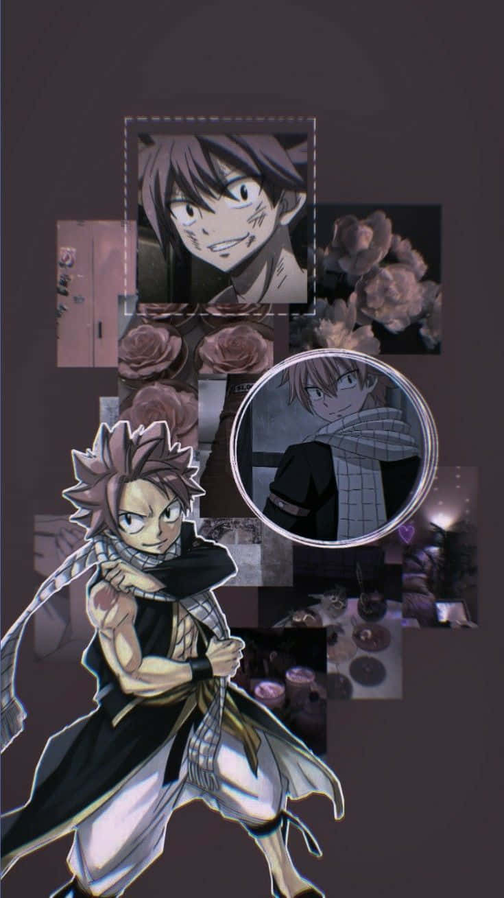 natsu dragneel 桌布 壁紙 — 一個充滿活力的動漫角色，擁有尖刺頭髮和圍巾，站在玫瑰主題照片和肖像的拼貼畫前。