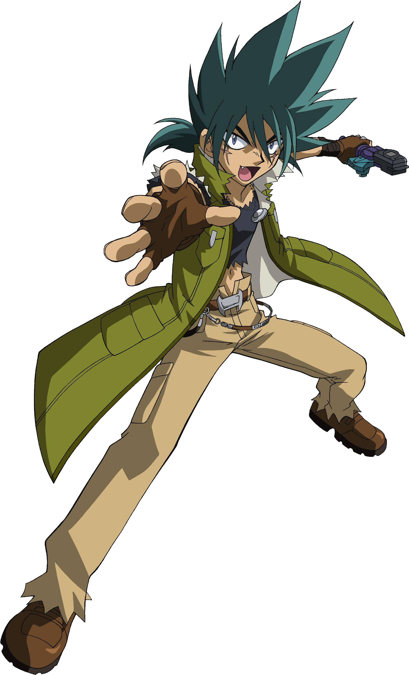 Beyblade 桌布 壁紙 — 一個充滿活力的動漫角色，擁有尖刺的藍綠色頭髮和綠色外套，在黑色背景前以強烈的表情向前衝刺。
