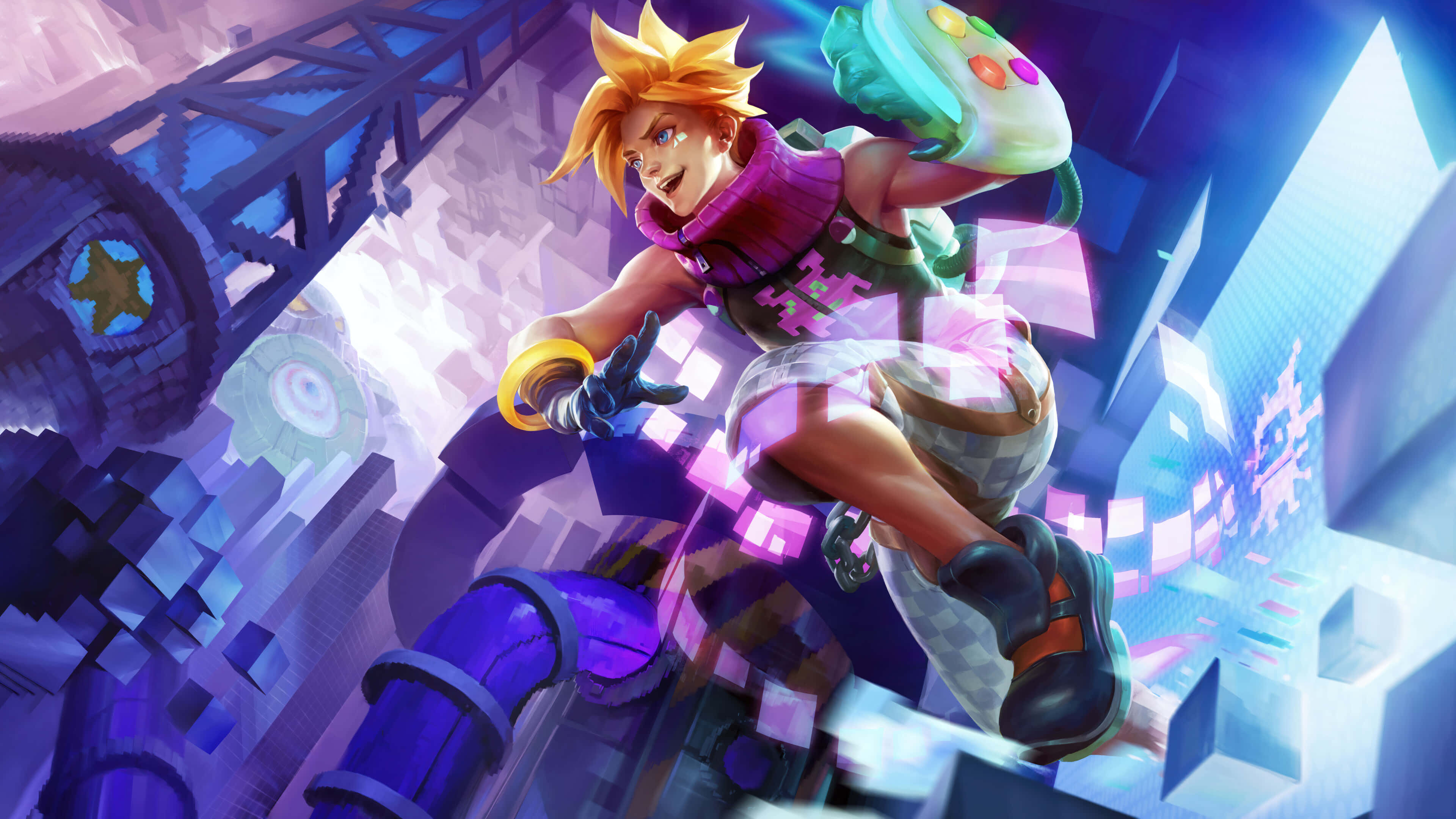 League Of Legends Champions 桌布 壁紙 — 一個充滿活力的動漫角色，擁有尖刺金髮，動態地跳躍穿過充滿霓虹立方體和浮動平台的發光未來城市景觀。