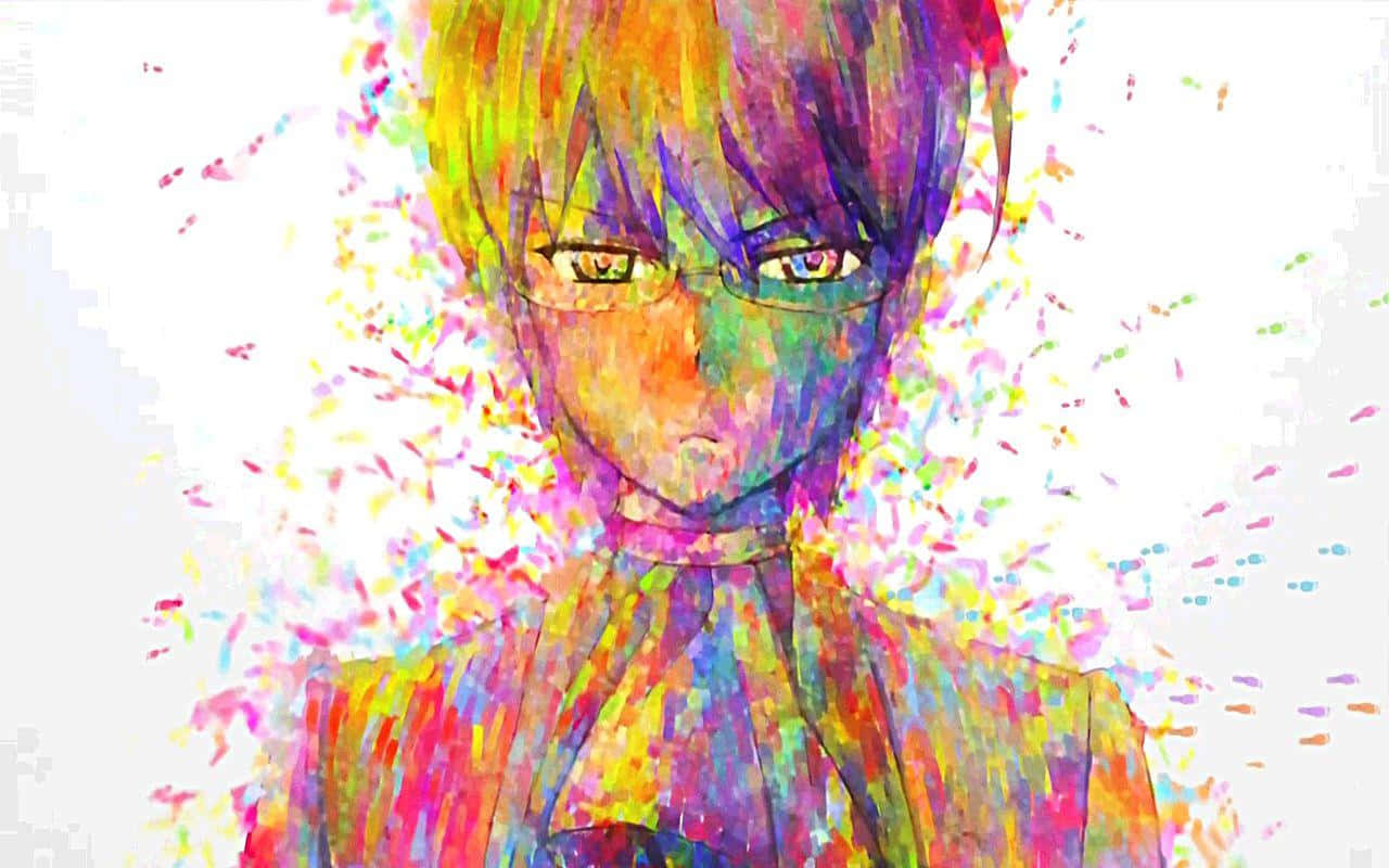 動漫男孩 桌布 壁紙 — 一個充滿活力的動漫角色，擁有彩虹色頭髮和眼鏡，被色彩繽紛的像素化粒子包圍，背景為白色。