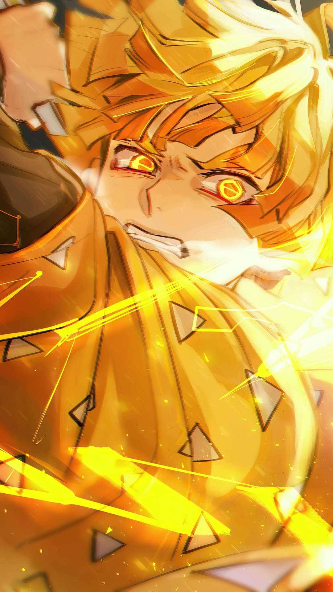 Zenitsu Pfp 桌布 壁紙 — 一個充滿活力的動漫角色，擁有火橙色頭髮和發光的眼睛，在金色調的戰鬥場景中散發出強烈的能量。