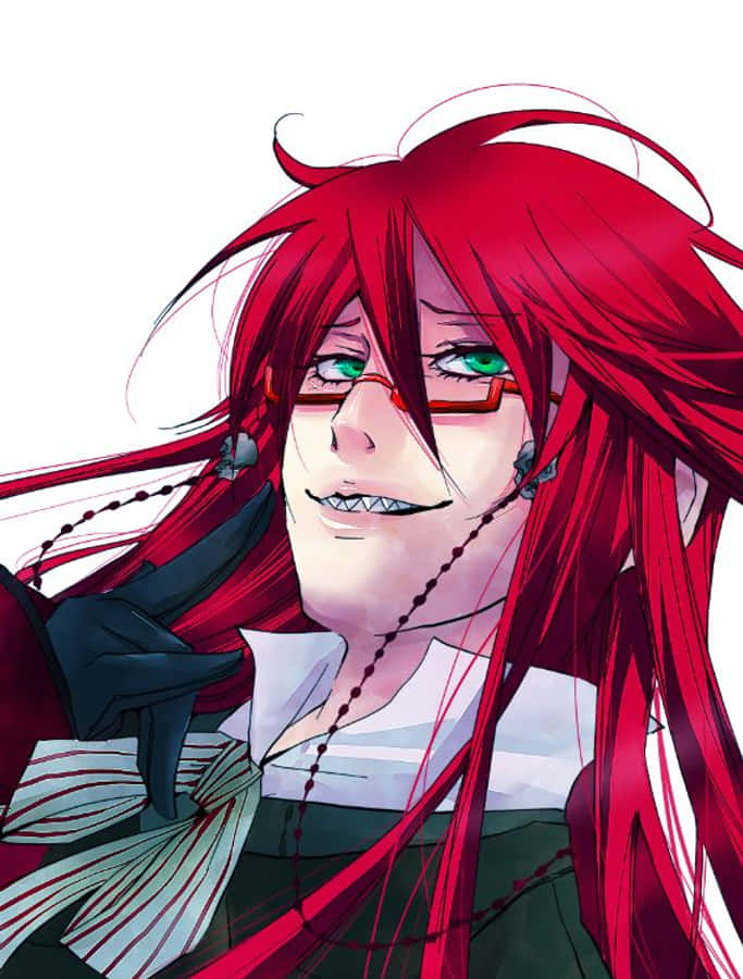 Grell Sutcliff 桌布 壁紙 — 一個充滿活力的動漫角色，擁有火紅的頭髮和綠色的眼睛，戴著紅色眼鏡和深色服裝，露出頑皮的笑容。