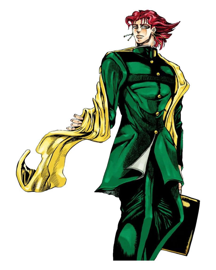 Noriaki Kakyoin 桌布 壁紙 — 一個充滿活力的動漫角色，擁有火紅色的頭髮和綠色與黃色的服裝，自信地站在純白色的背景前。