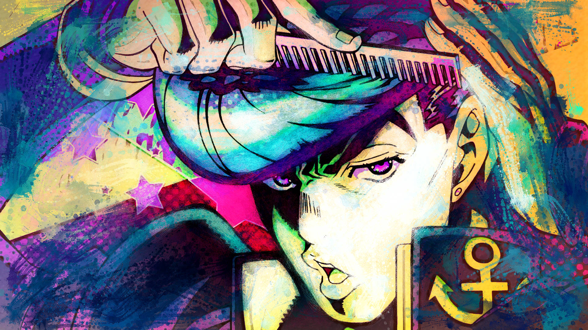 Josuke 桌布 壁紙 — 一個充滿活力的動漫角色，擁有紫色眼睛和青綠色頭髮，在色彩繽紛混亂的背景中梳理頭髮。