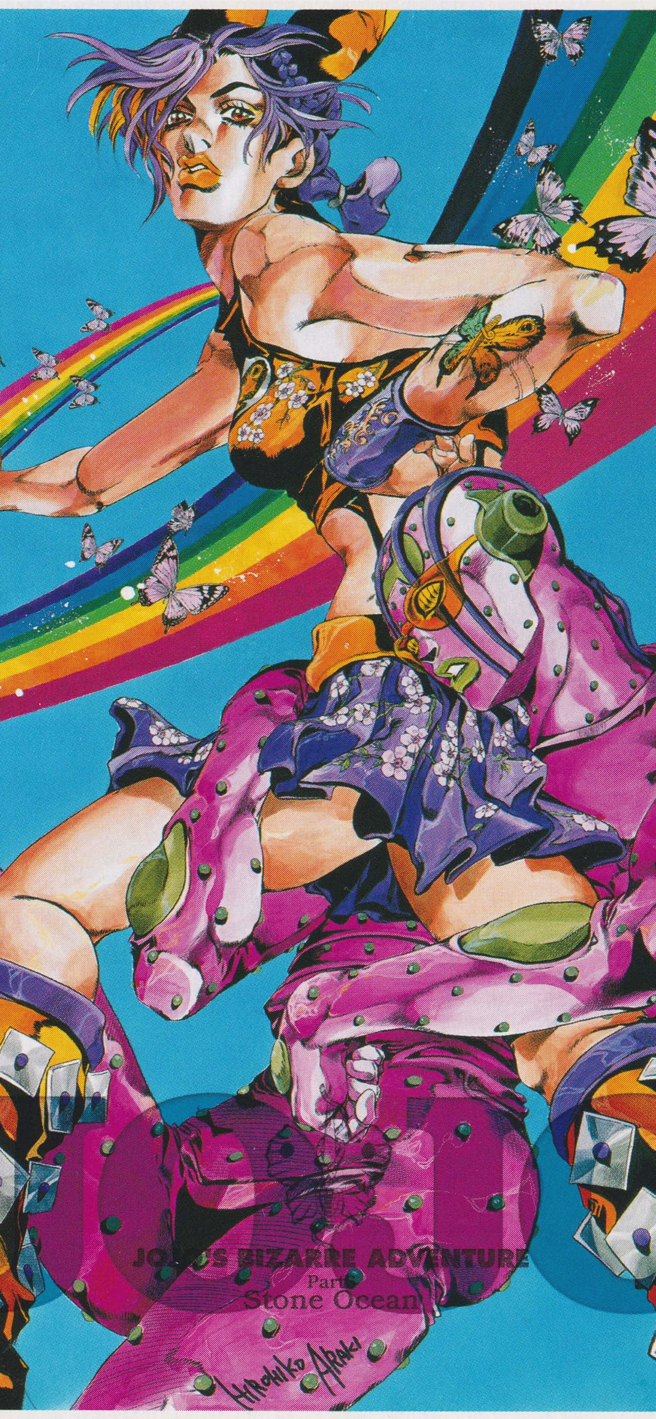 Jojo's Bizarre Adventure 桌布 壁紙 — 一個充滿活力的動漫角色，擁有紫色頭髮和蝴蝶圖案，在鮮豔的彩虹和藍色背景前擺出強有力的姿勢。