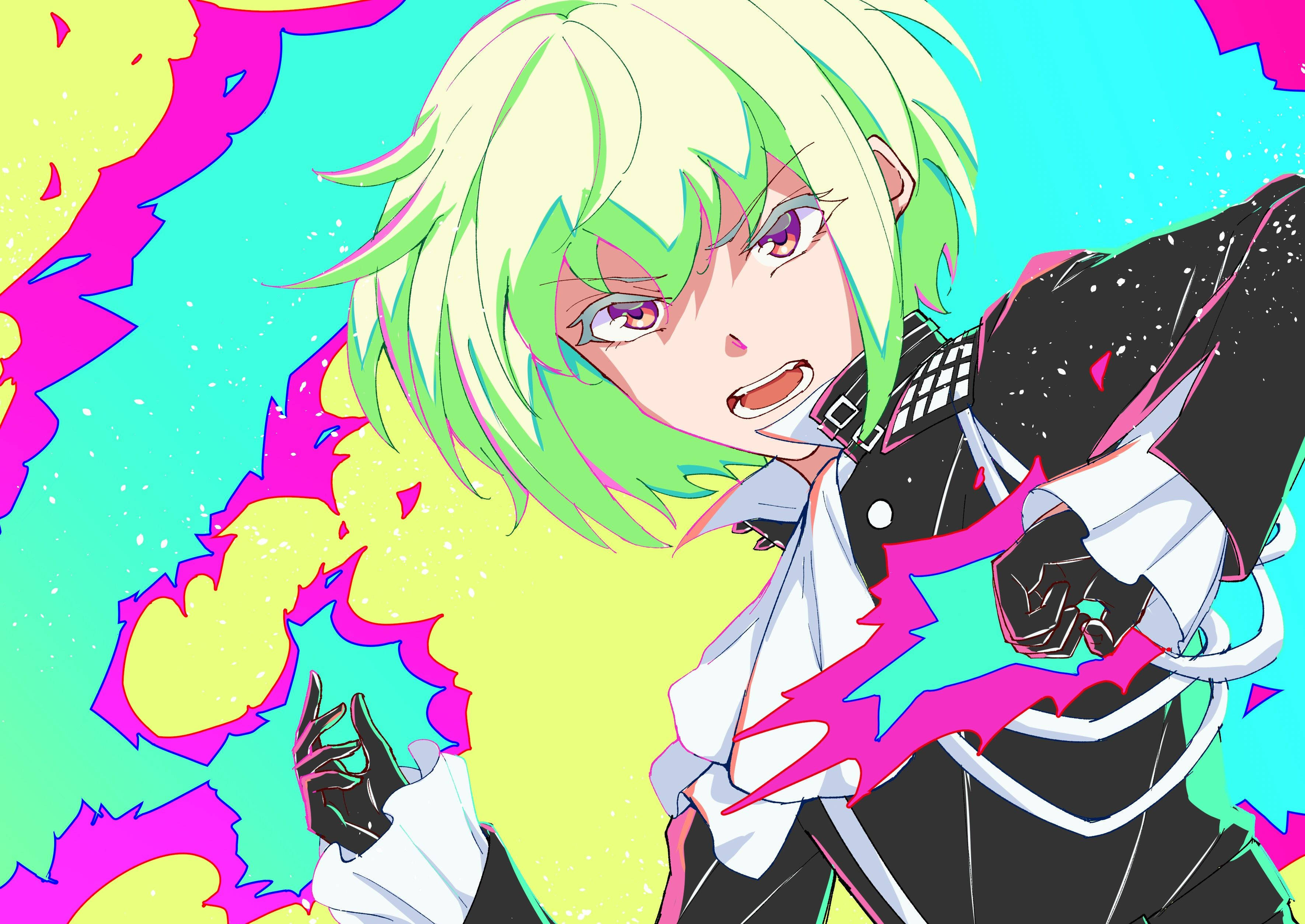 Promare 桌布 壁紙 — 一個充滿活力的動漫角色，擁有綠色和金髮以及紫色眼睛，在粉紅色、黃色和青色的霓虹背景前擺出動態姿勢。
