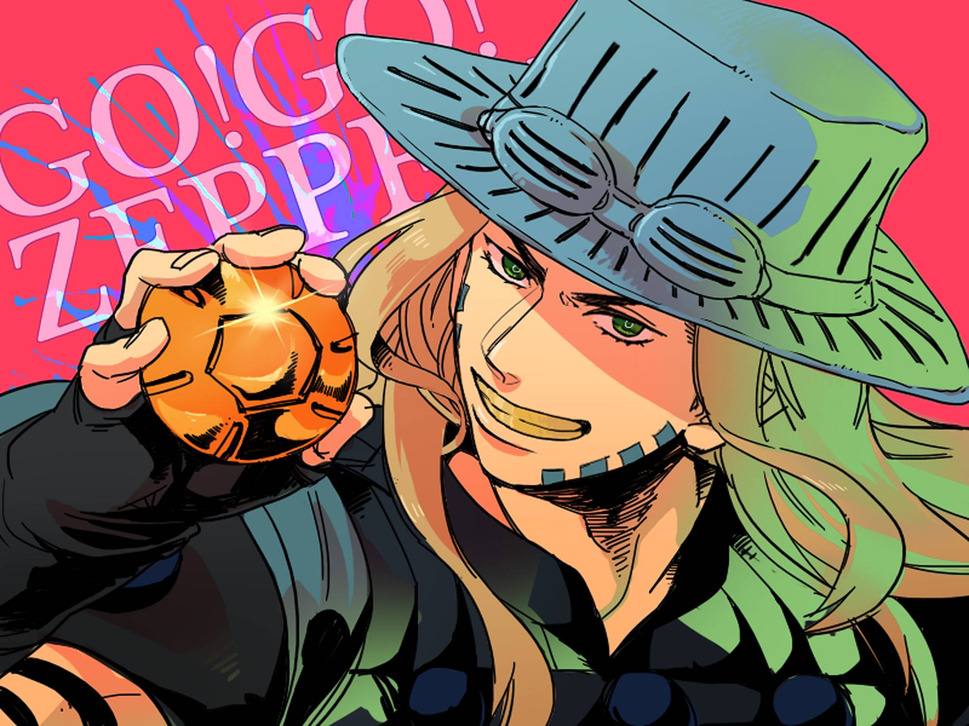 Gyro Zeppeli 桌布 壁紙 — 一個充滿活力的動漫角色，擁有綠色眼睛和燦爛的笑容，手持發光的橙色足球，背景是鮮豔的粉紅色，並帶有「GO! GO! ZEPP!」文字。