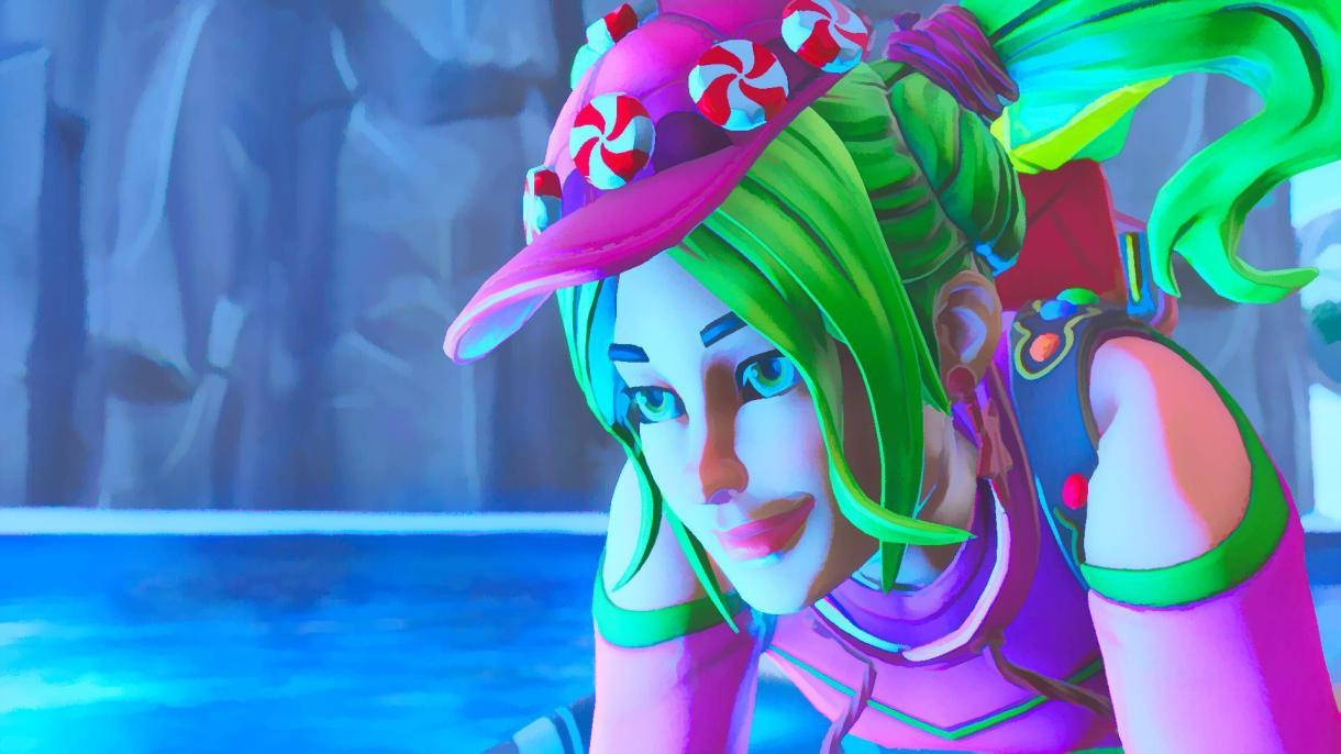 Fortnite 縮圖 桌布 壁紙 — 一個充滿活力的動漫角色，擁有綠色頭髮和糖果主題帽子，靠近冰藍色的水邊。